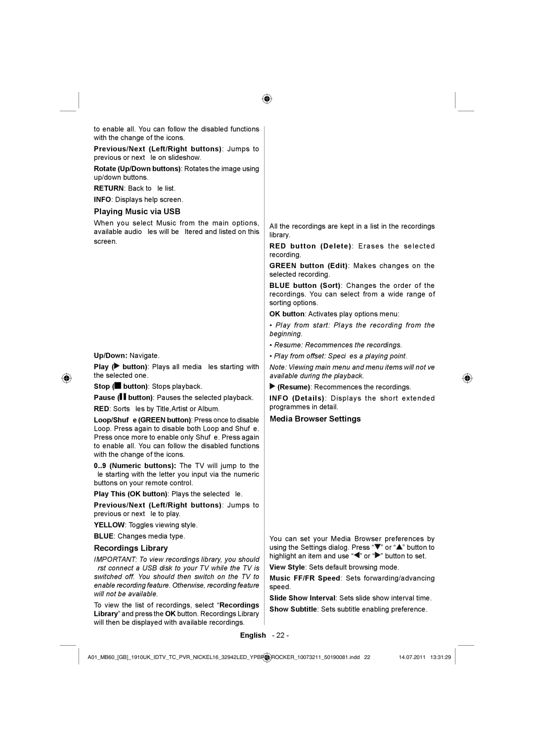 Sharp LC-32LE510E operation manual Playing Music via USB, Recordings Library, Media Browser Settings 