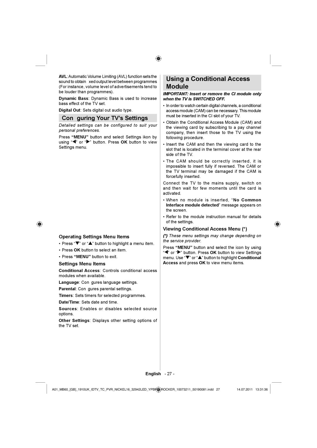 Sharp LC-32LE510E Using a Conditional Access Module, Conﬁguring Your TV’s Settings, Operating Settings Menu Items 