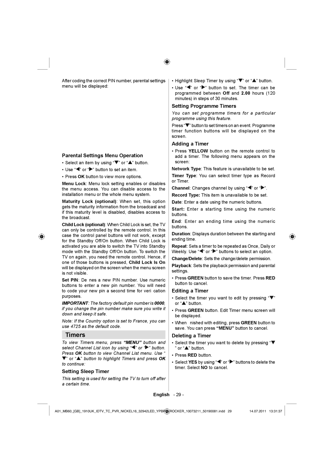 Sharp LC-32LE510E operation manual Timers 