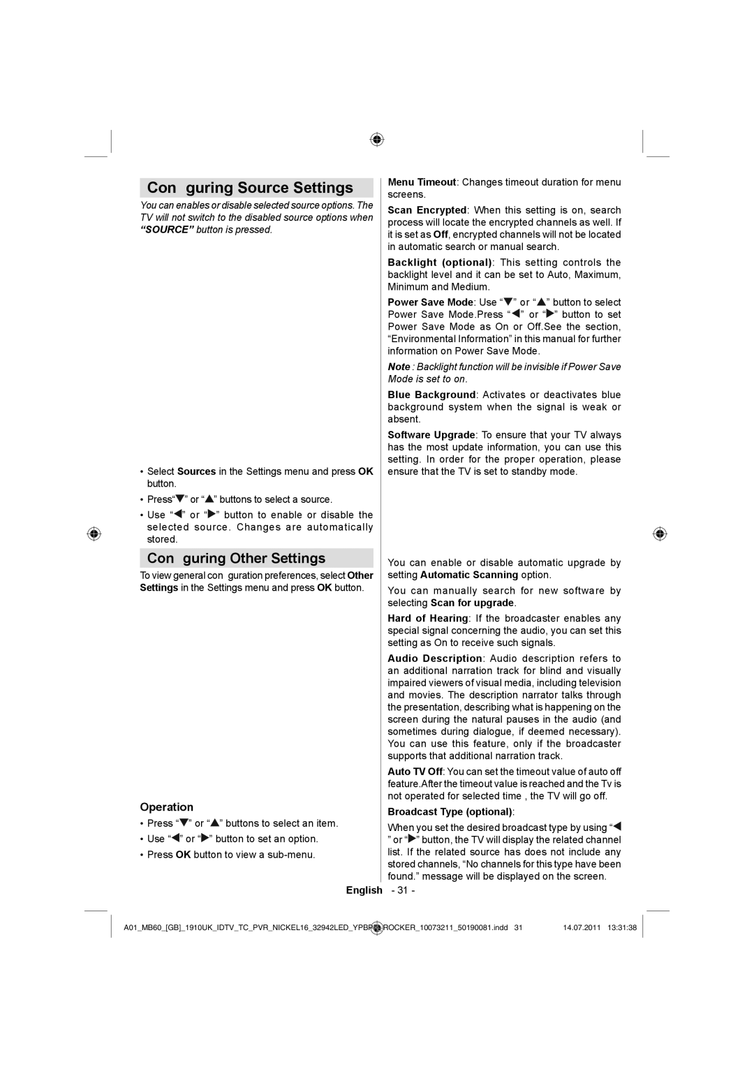 Sharp LC-32LE510E Conﬁguring Source Settings, Conﬁguring Other Settings, Operation, Broadcast Type optional 