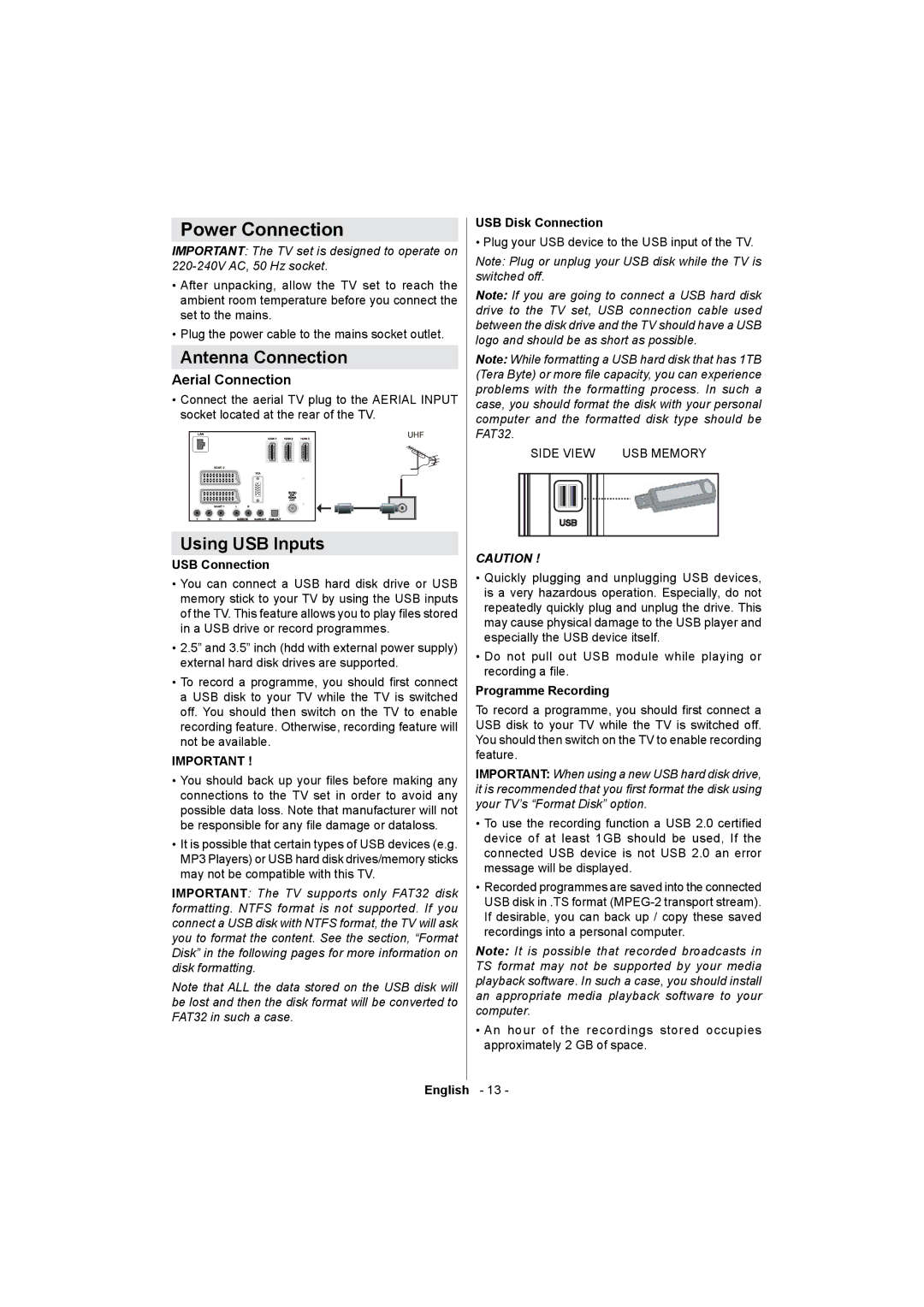 Sharp LC-32LE511E operation manual Power Connection, Antenna Connection, Using USB Inputs, Aerial Connection 