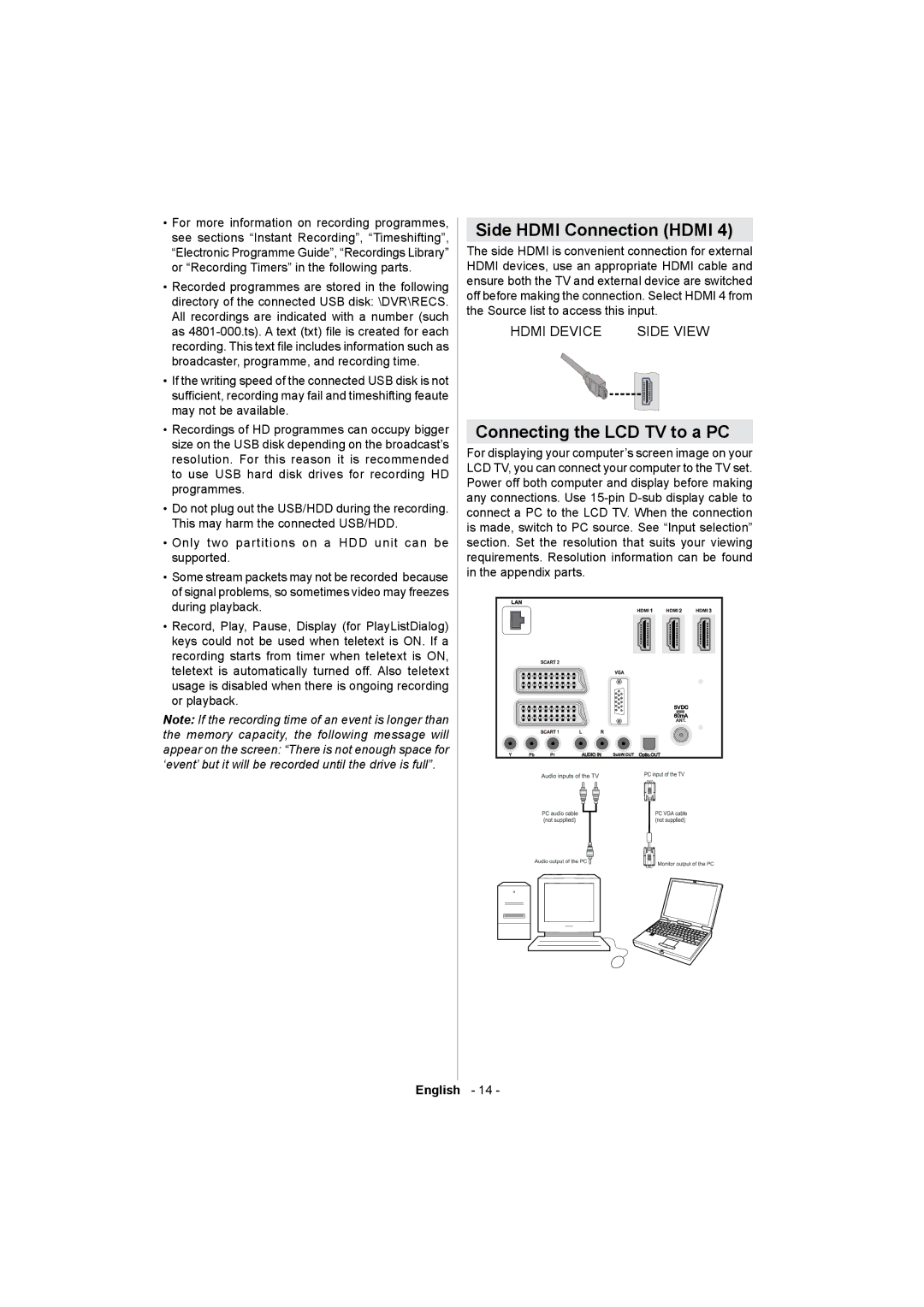 Sharp LC-32LE511E operation manual Side Hdmi Connection Hdmi, Connecting the LCD TV to a PC 