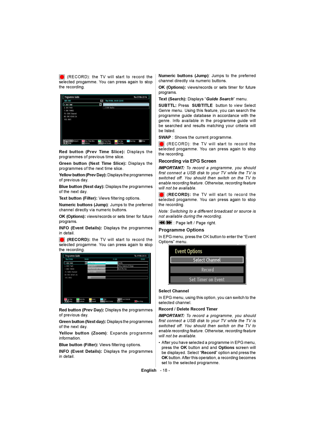 Sharp LC-32LE511E Recording via EPG Screen, Programme Options, Select Channel, Record / Delete Record Timer 