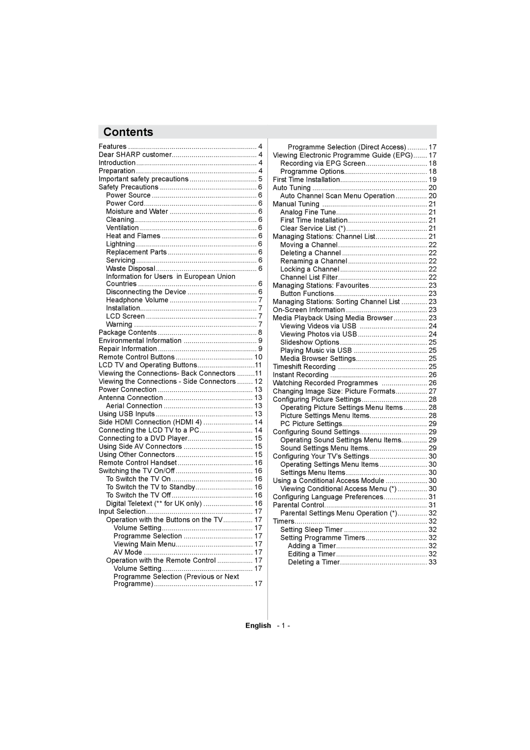 Sharp LC-32LE511E operation manual Contents 