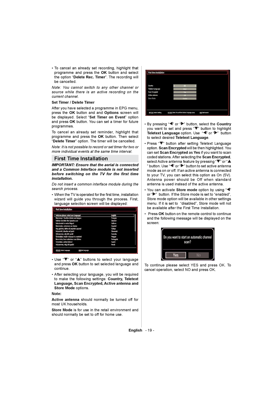 Sharp LC-32LE511E operation manual First Time Installation, Set Timer / Delete Timer 