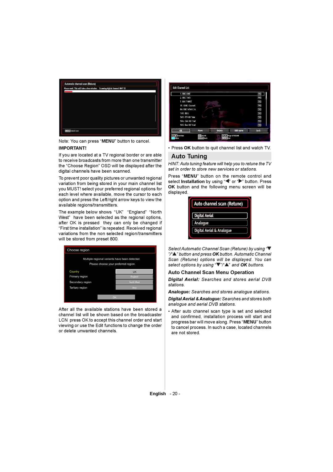 Sharp LC-32LE511E operation manual Auto Tuning, Auto Channel Scan Menu Operation 