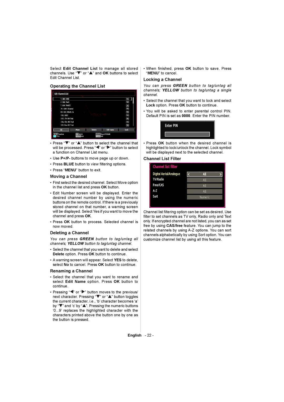 Sharp LC-32LE511E Operating the Channel List, Moving a Channel, Deleting a Channel, Renaming a Channel, Locking a Channel 