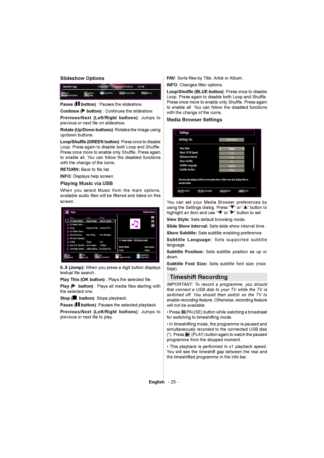 Sharp LC-32LE511E operation manual Timeshift Recording, Slideshow Options, Playing Music via USB, Media Browser Settings 