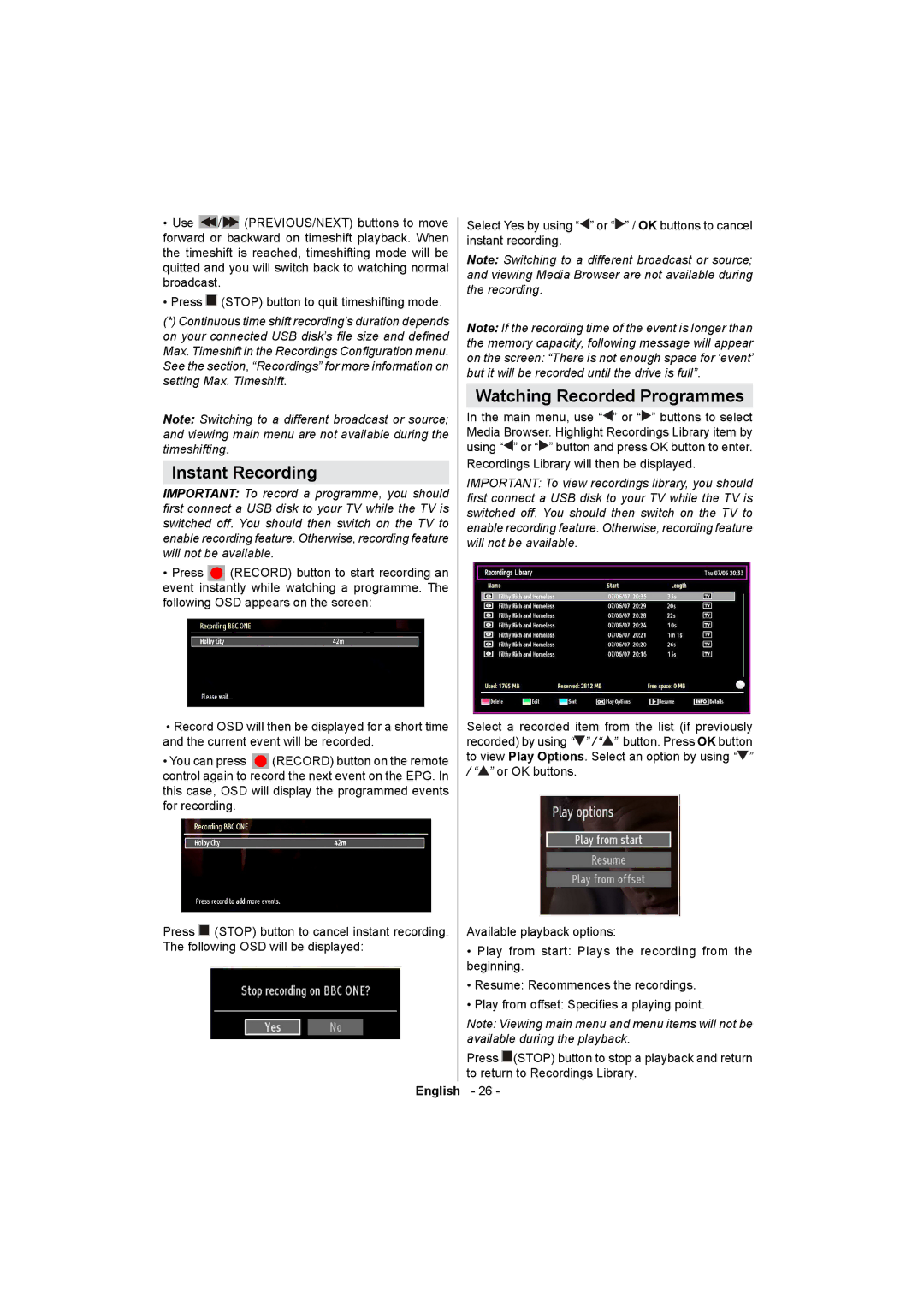 Sharp LC-32LE511E operation manual Instant Recording, Watching Recorded Programmes 