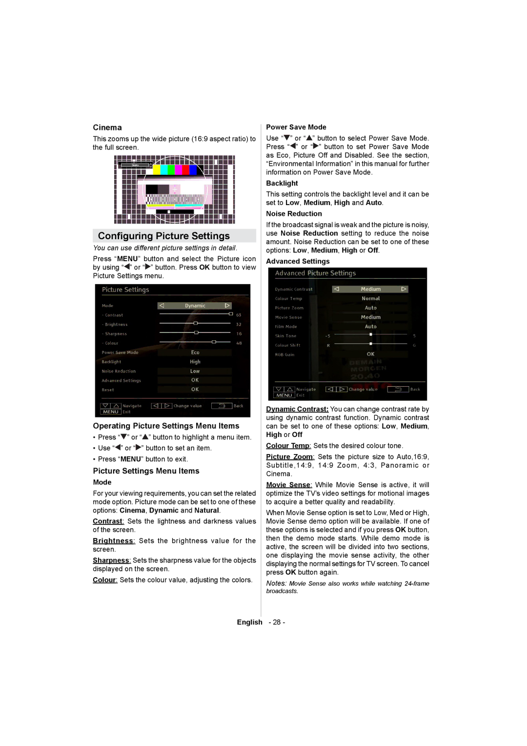 Sharp LC-32LE511E operation manual Conguring Picture Settings, Cinema, Operating Picture Settings Menu Items 