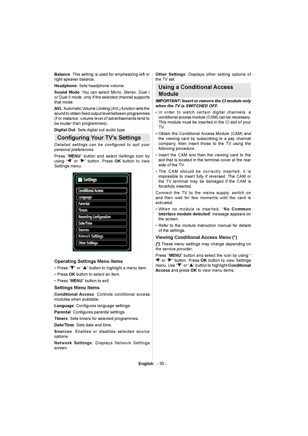 Sharp LC-32LE511E Conguring Your TV’s Settings, Using a Conditional Access Module, Operating Settings Menu Items 