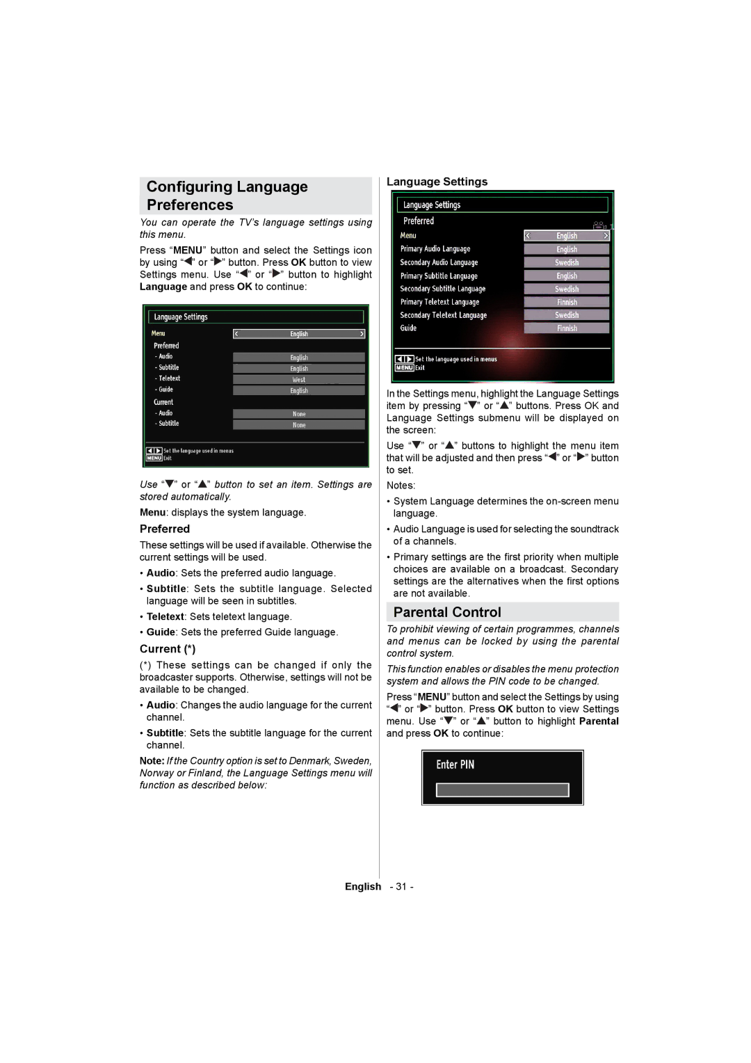 Sharp LC-32LE511E operation manual Conguring Language Preferences, Parental Control, Preferred, Current, Language Settings 