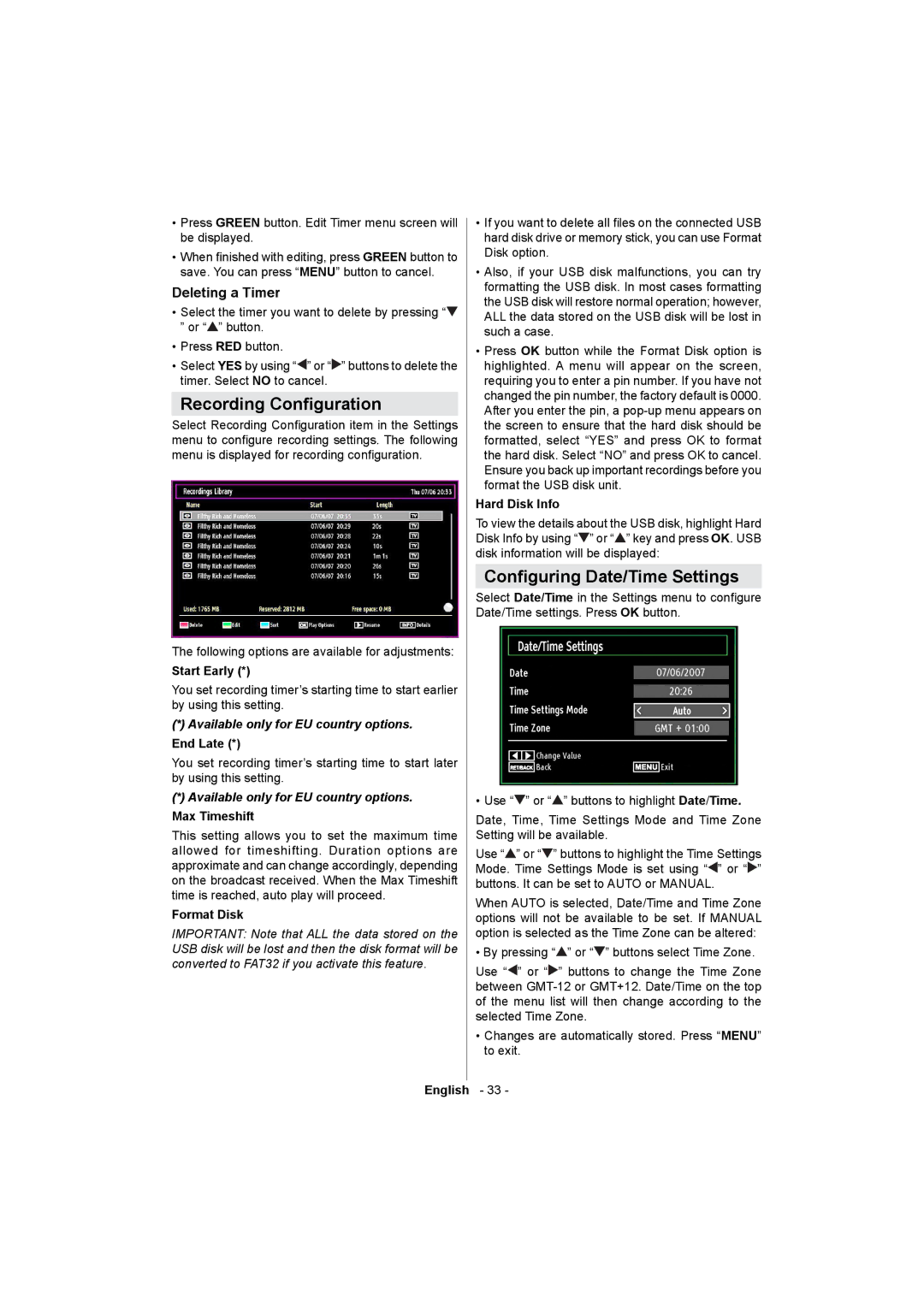 Sharp LC-32LE511E operation manual Recording Conguration, Conguring Date/Time Settings, Deleting a Timer 