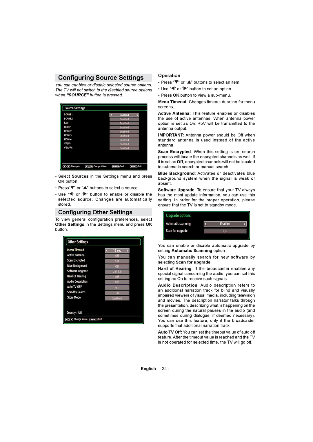 Sharp LC-32LE511E operation manual Conguring Source Settings, Conguring Other Settings, Operation 