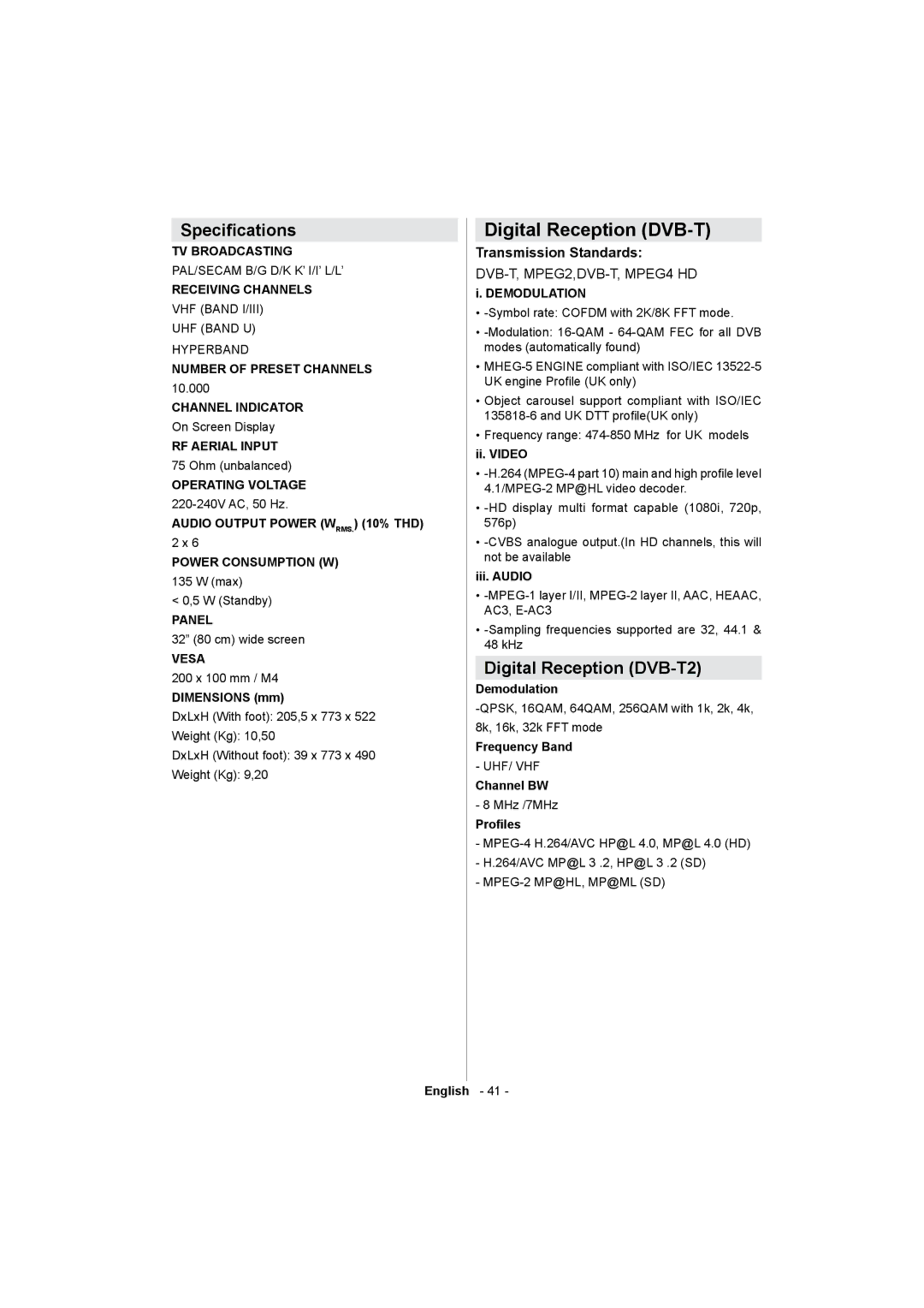 Sharp LC-32LE511E operation manual Specications, Digital Reception DVB-T2, Transmission Standards 