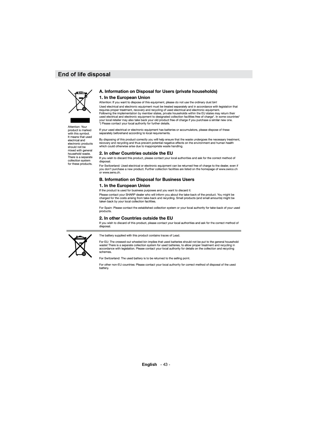 Sharp LC-32LE511E operation manual End of life disposal 