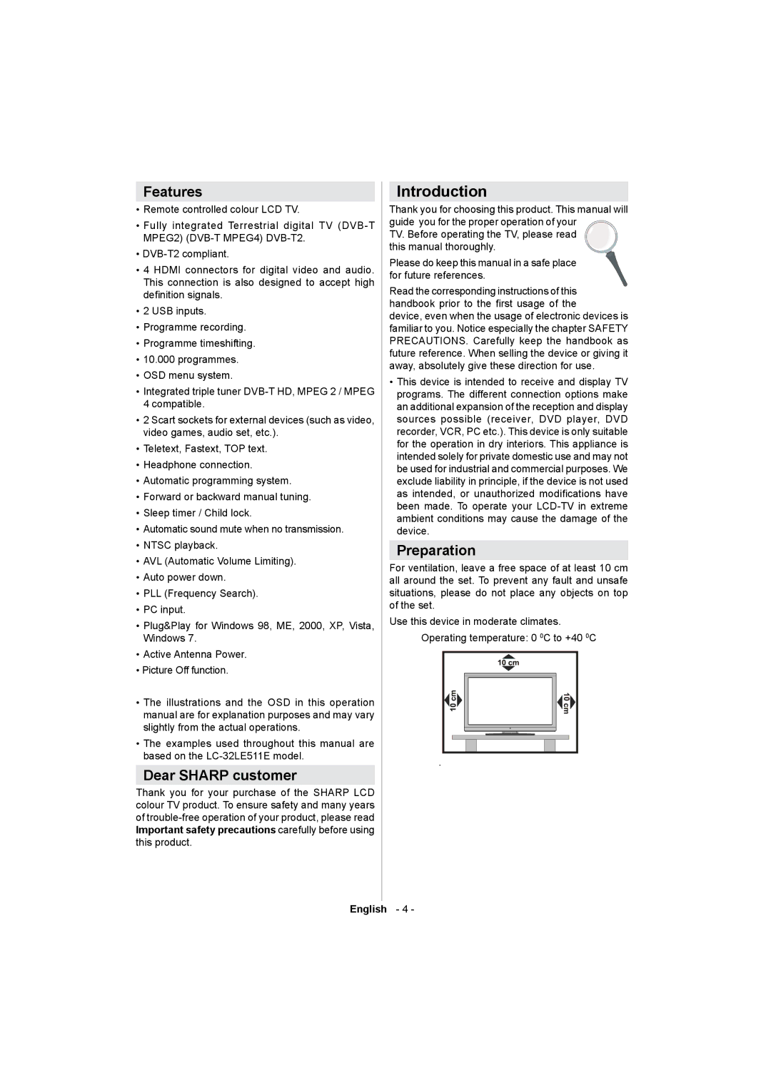 Sharp LC-32LE511E operation manual Introduction, Features, Dear Sharp customer, Preparation 