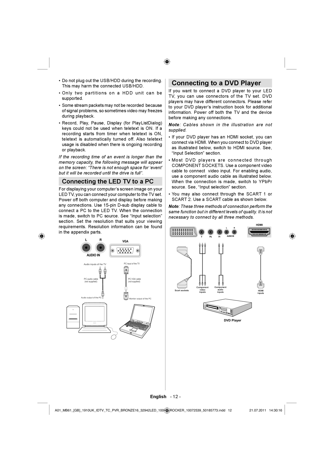 Sharp LC-32LE530E operation manual Connecting to a DVD Player, Connecting the LED TV to a PC 