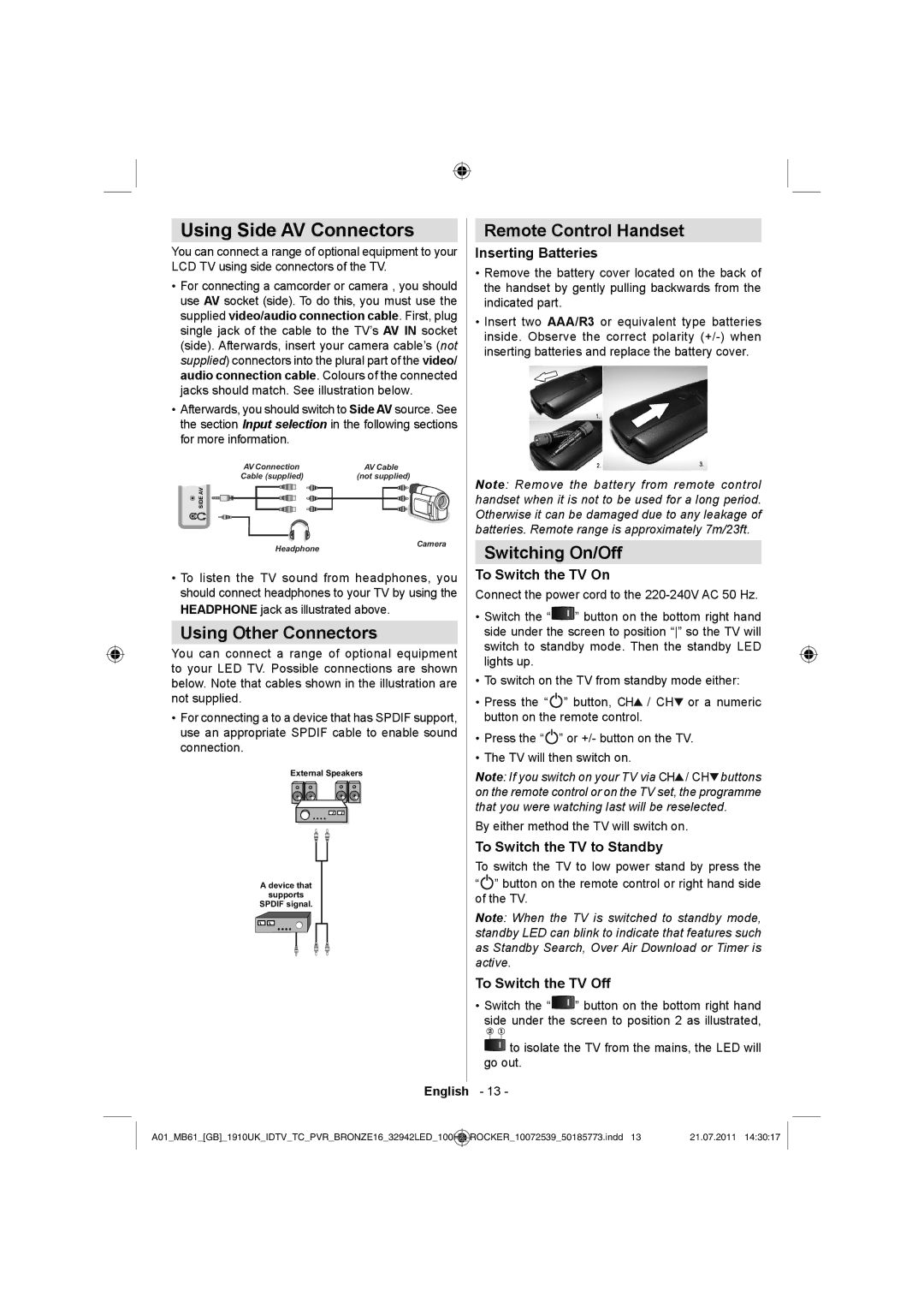 Sharp LC-32LE530E Using Side AV Connectors, Remote Control Handset, Switching On/Off, Using Other Connectors 