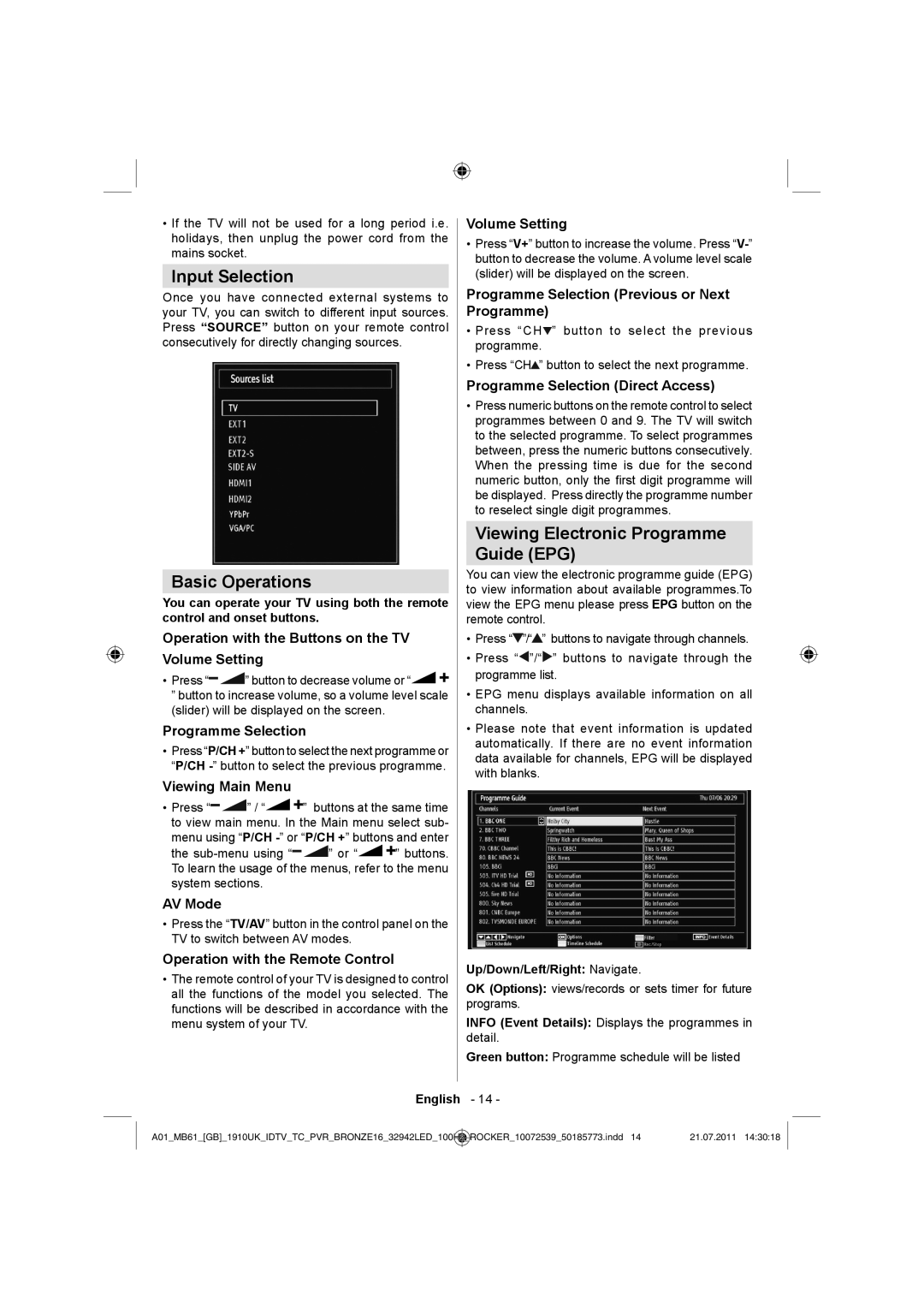 Sharp LC-32LE530E operation manual Input Selection, Basic Operations, Viewing Electronic Programme Guide EPG 