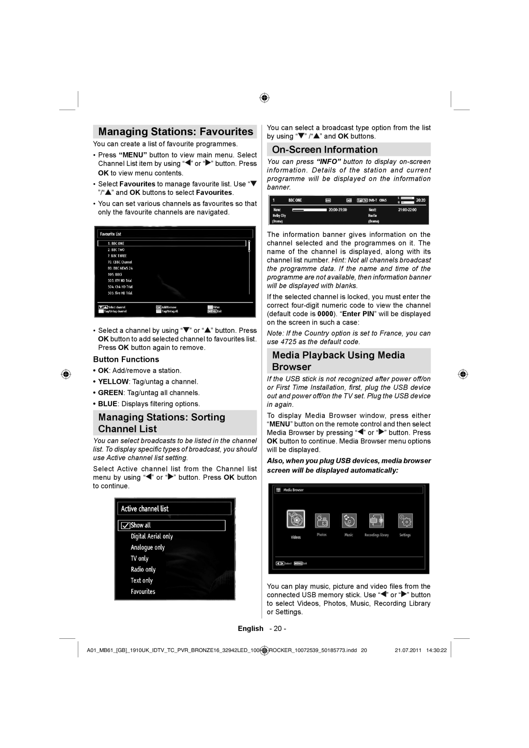 Sharp LC-32LE530E Managing Stations Favourites, Managing Stations Sorting Channel List, On-Screen Information 