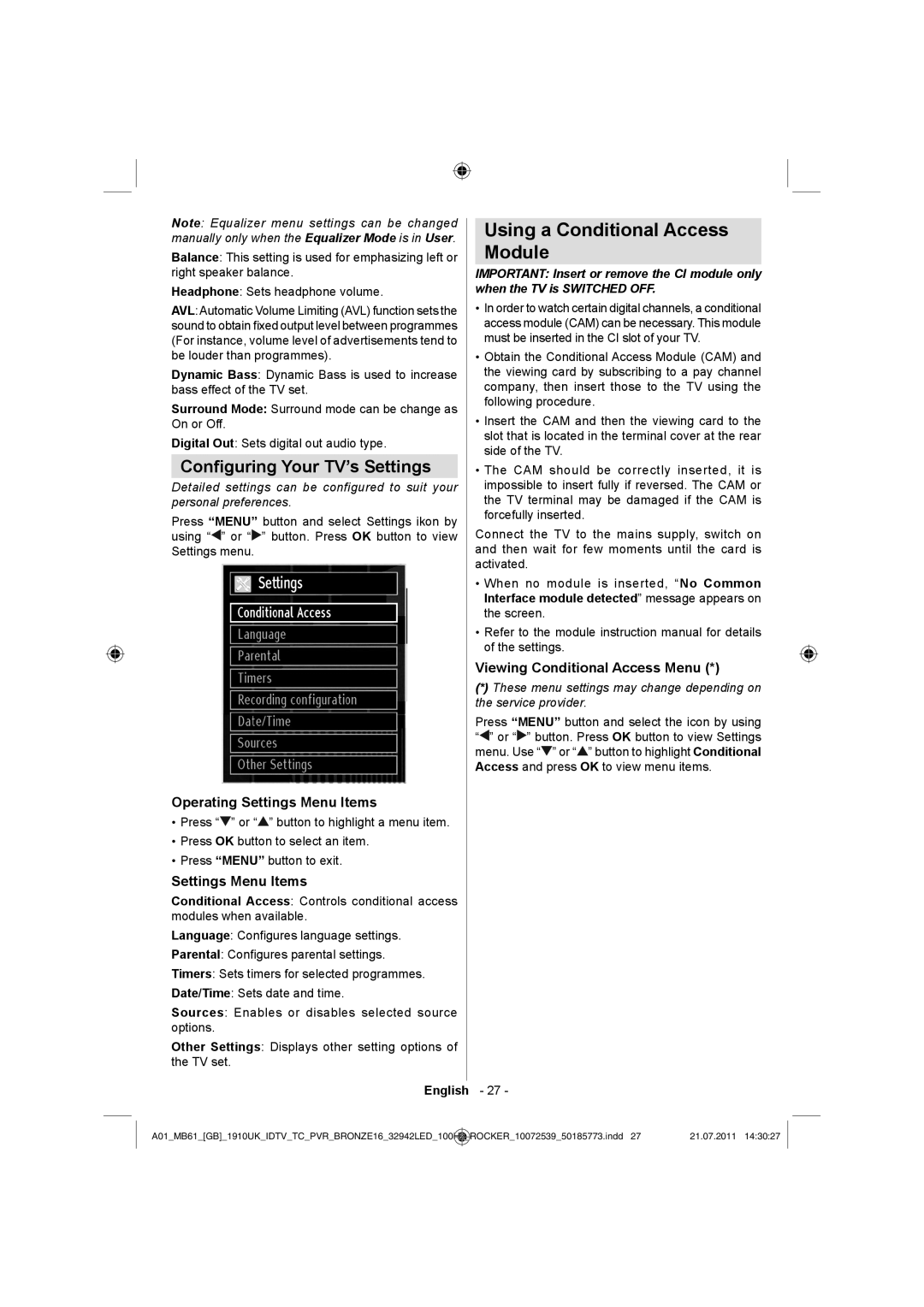 Sharp LC-32LE530E Using a Conditional Access Module, Conﬁguring Your TV’s Settings, Operating Settings Menu Items 