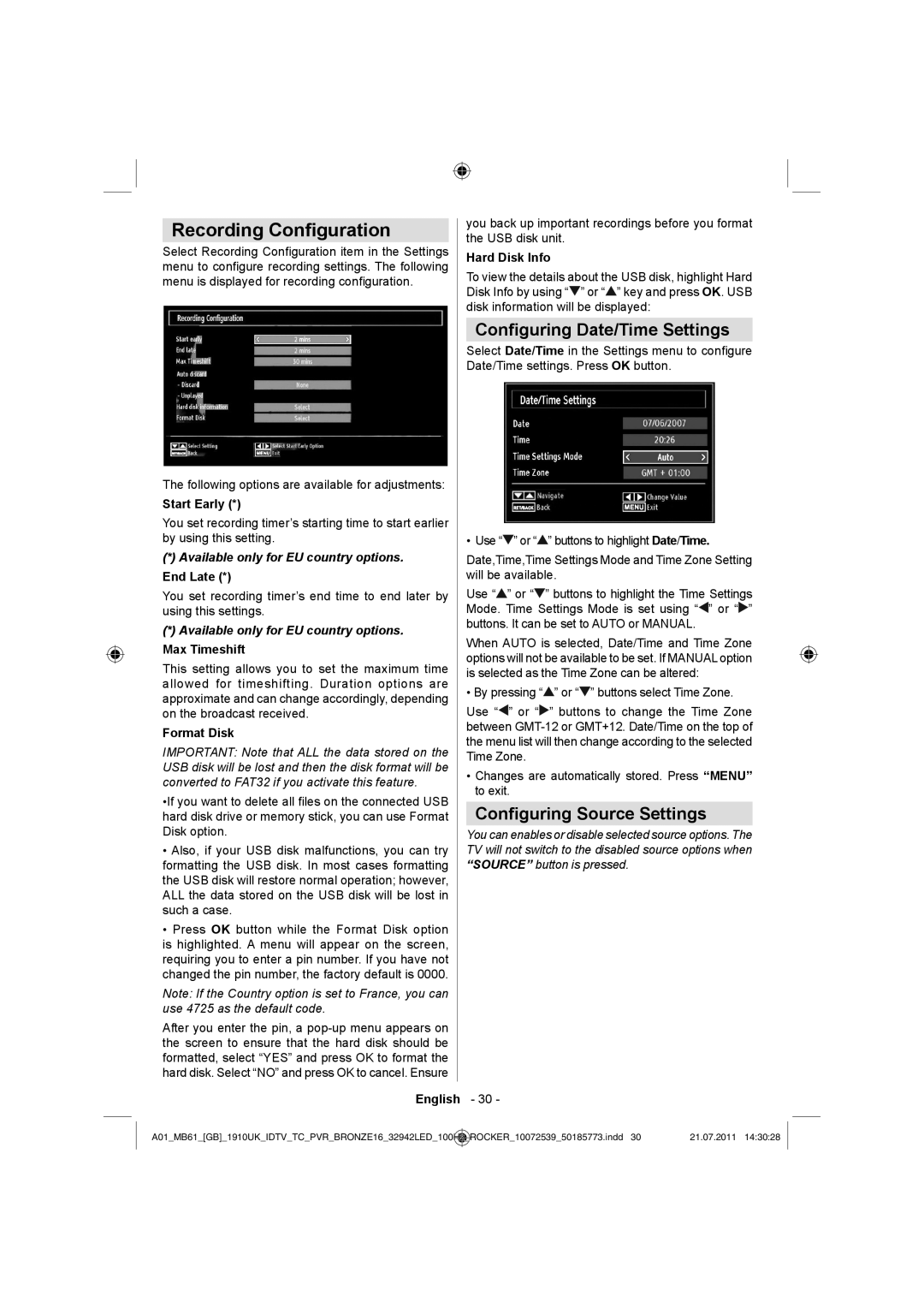 Sharp LC-32LE530E operation manual Recording Conﬁguration, Conﬁguring Date/Time Settings, Conﬁguring Source Settings 