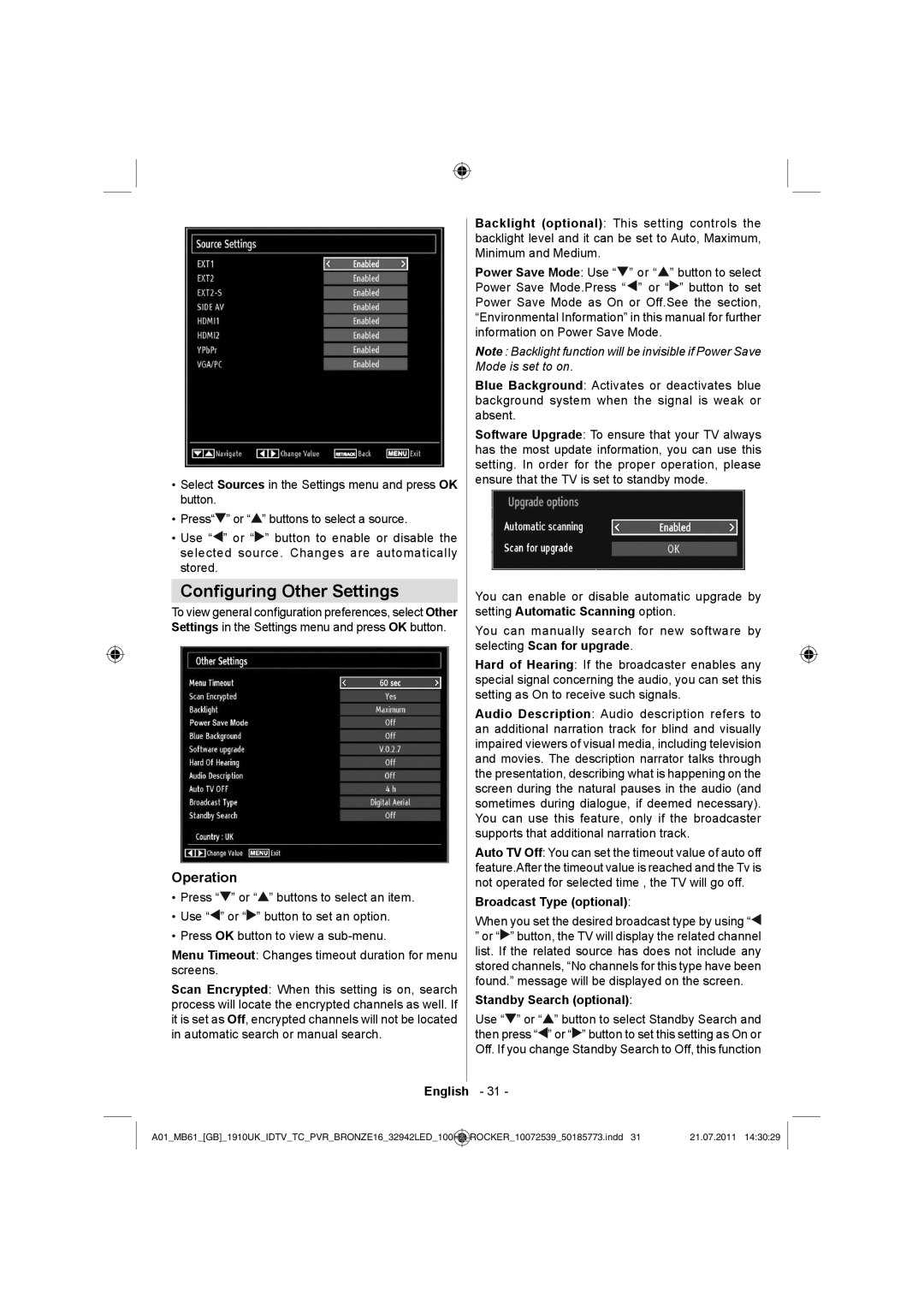 Sharp LC-32LE530E operation manual Conﬁguring Other Settings, Operation, Broadcast Type optional, Standby Search optional 