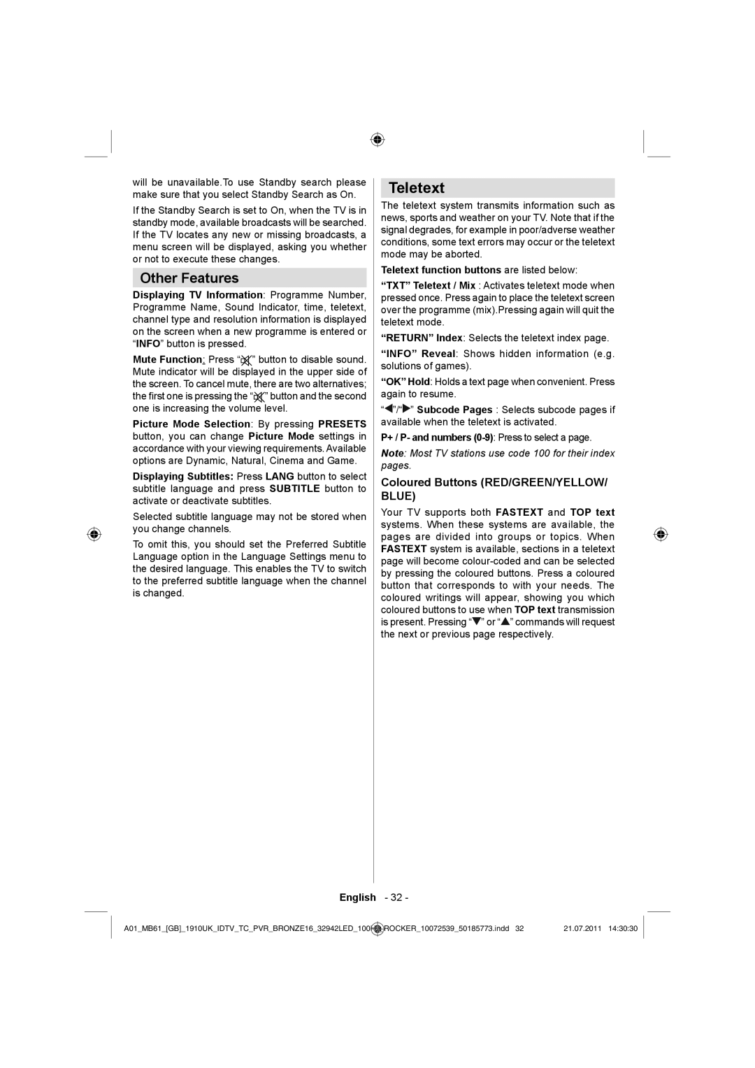 Sharp LC-32LE530E operation manual Teletext, Other Features, Coloured Buttons RED/GREEN/YELLOW/ Blue 