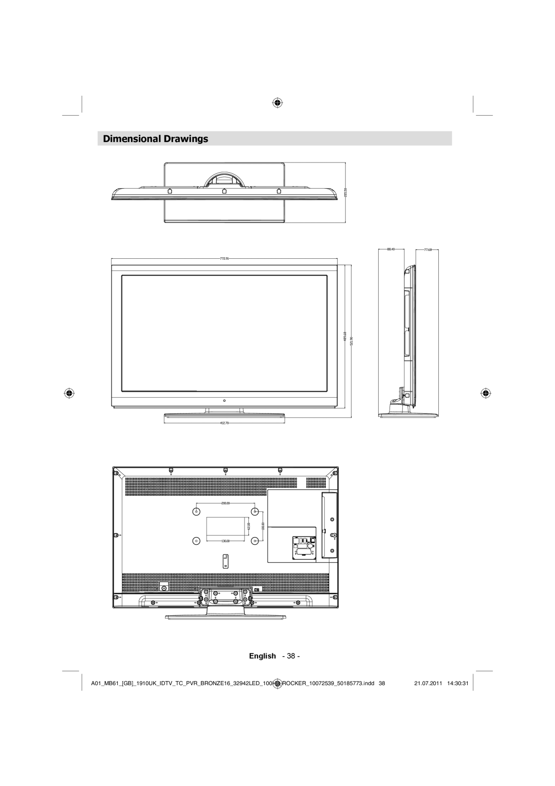 Sharp LC-32LE530E operation manual Dimensional Drawings 