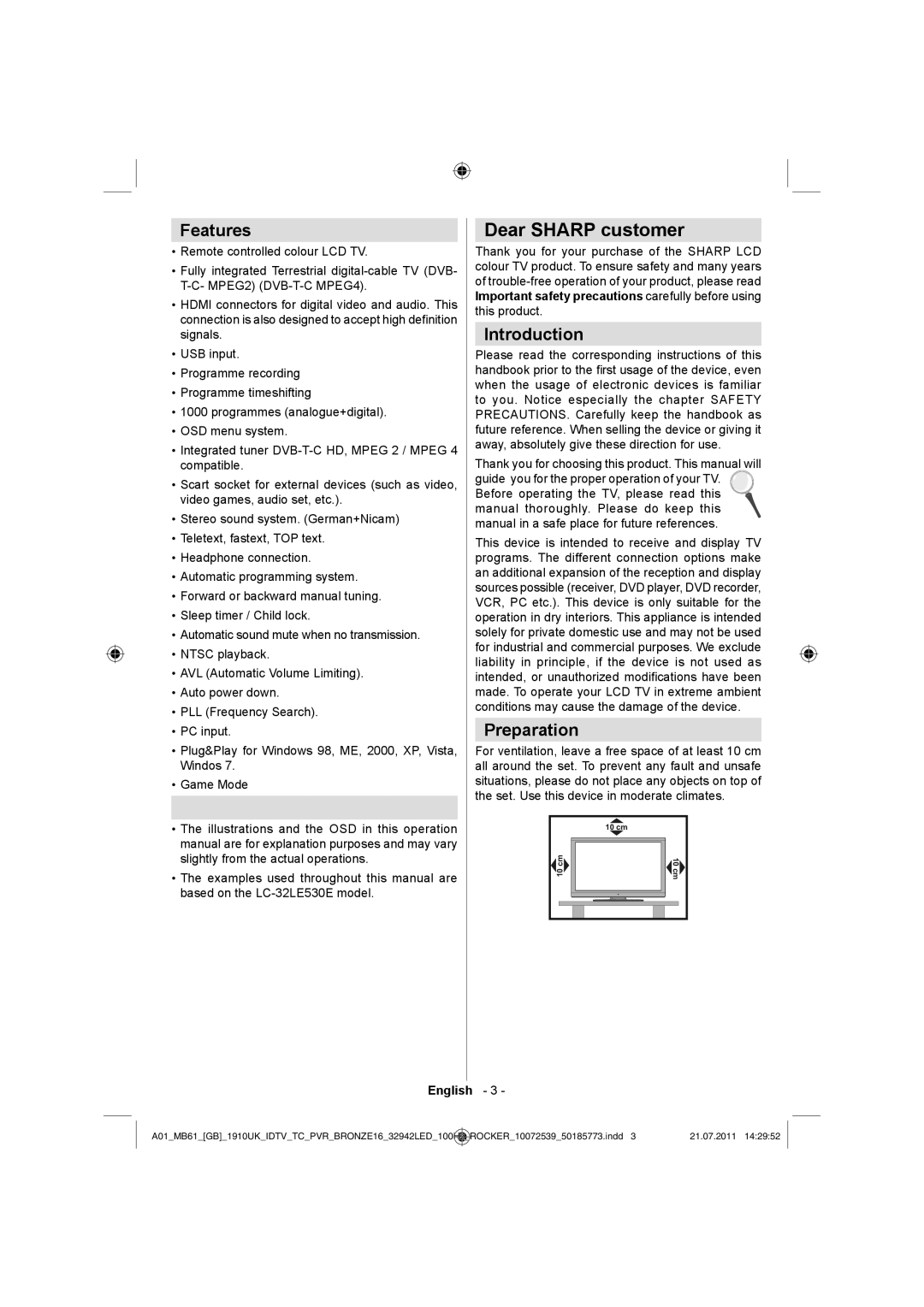 Sharp LC-32LE530E operation manual Dear Sharp customer, Features, Introduction, Preparation 