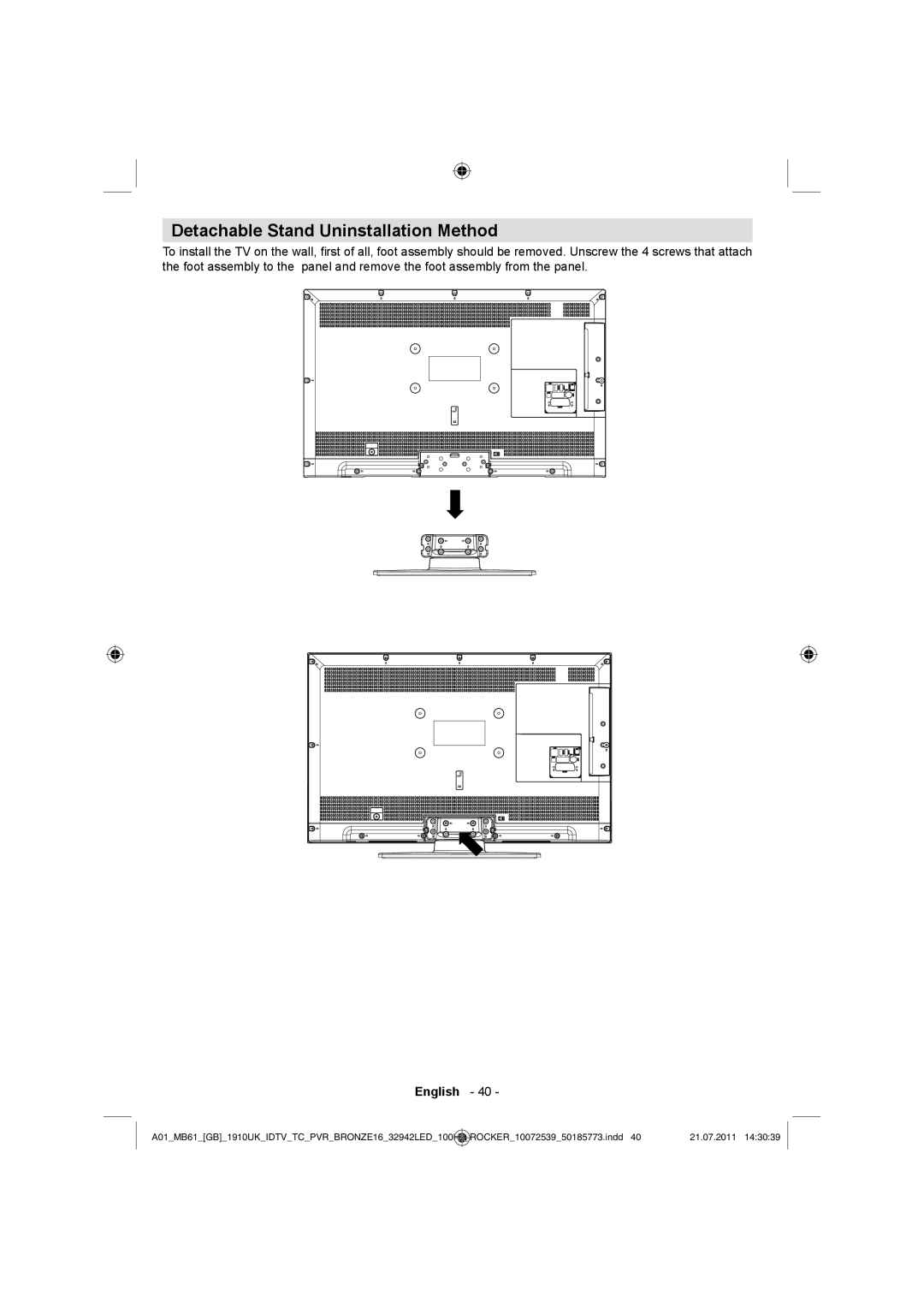 Sharp LC-32LE530E operation manual Detachable Stand Uninstallation Method 