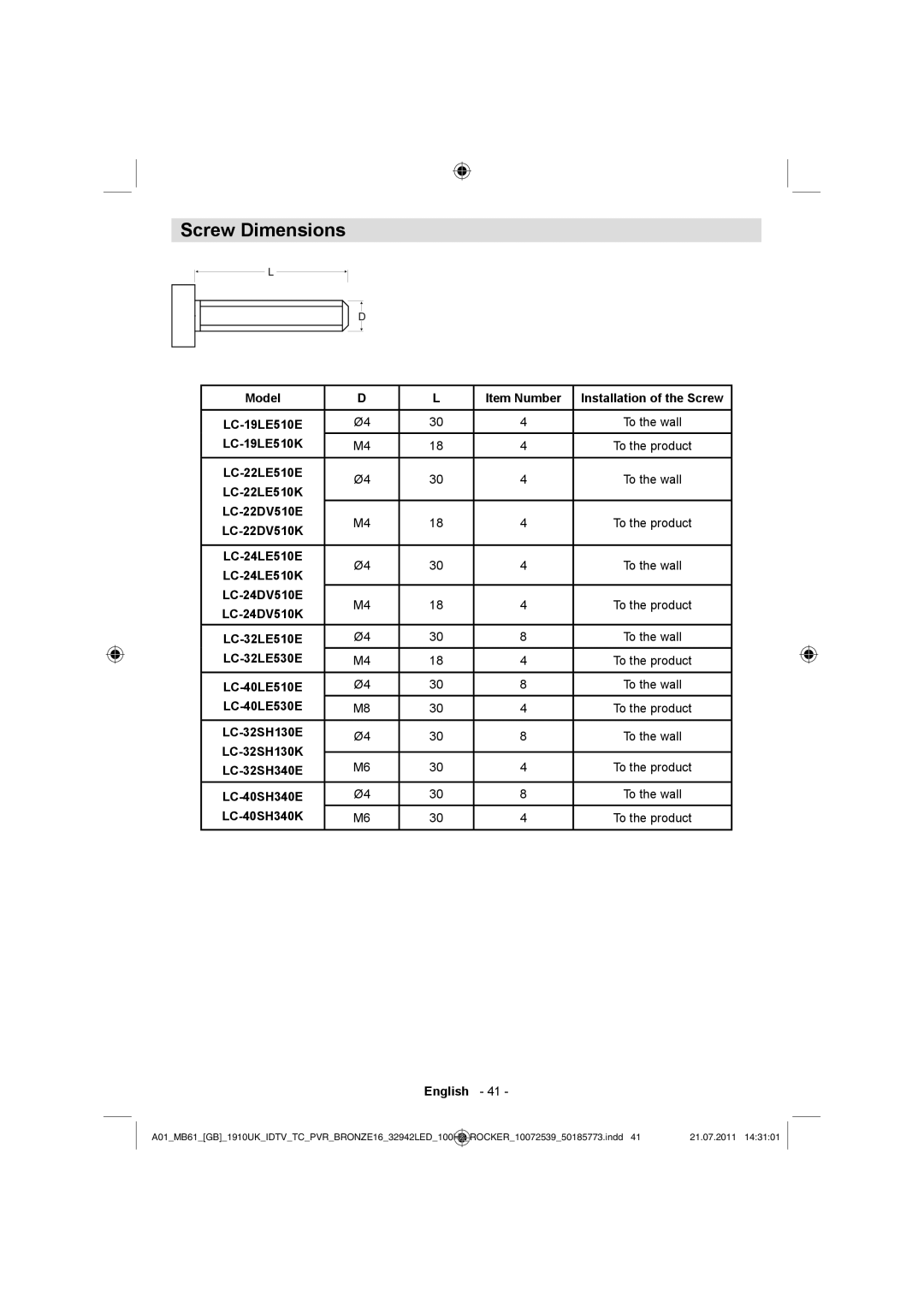 Sharp LC-32LE530E operation manual Screw Dimensions 