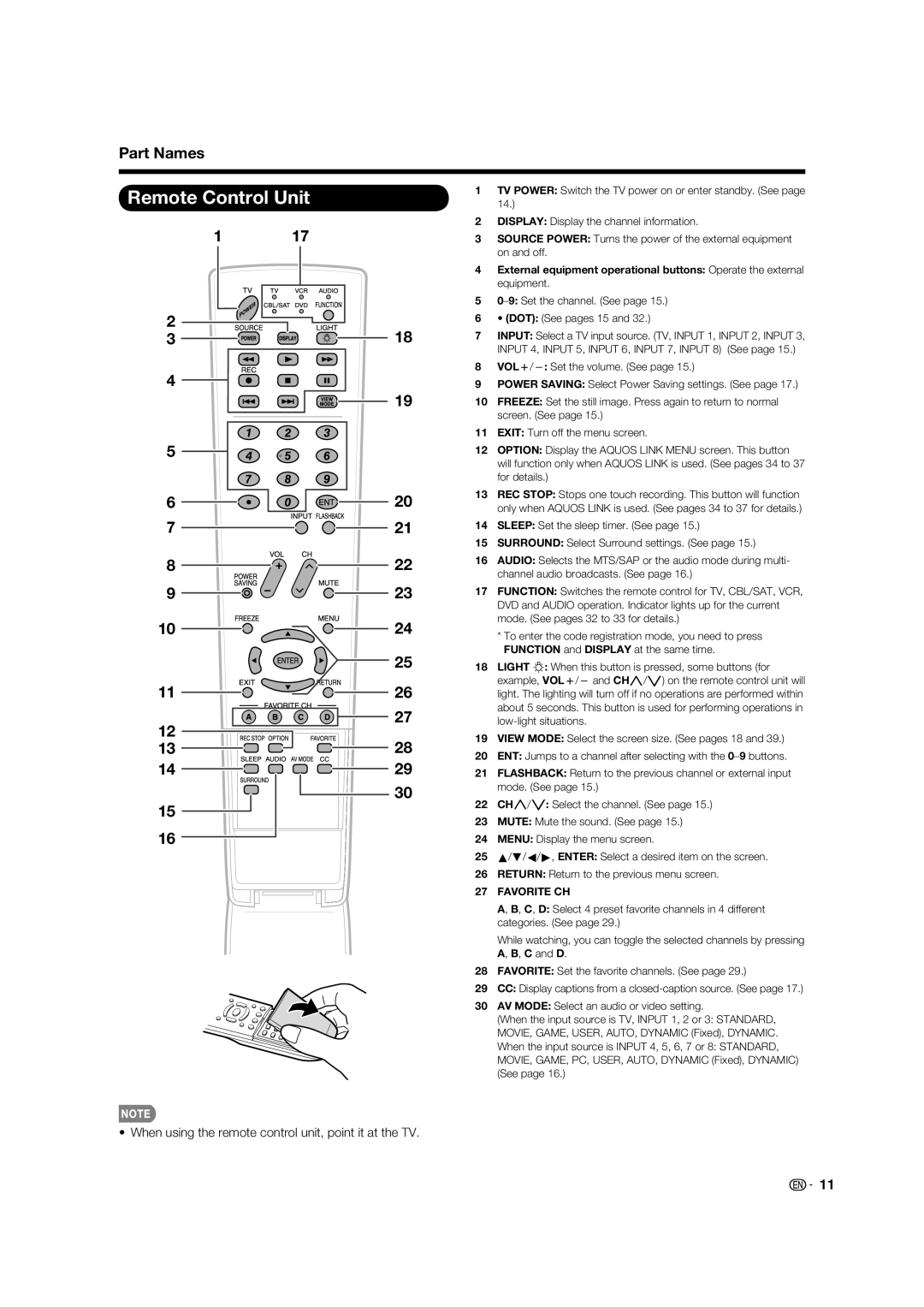 Sharp LC-32LE700UN operation manual Remote Control Unit, When using the remote control unit, point it at the TV 