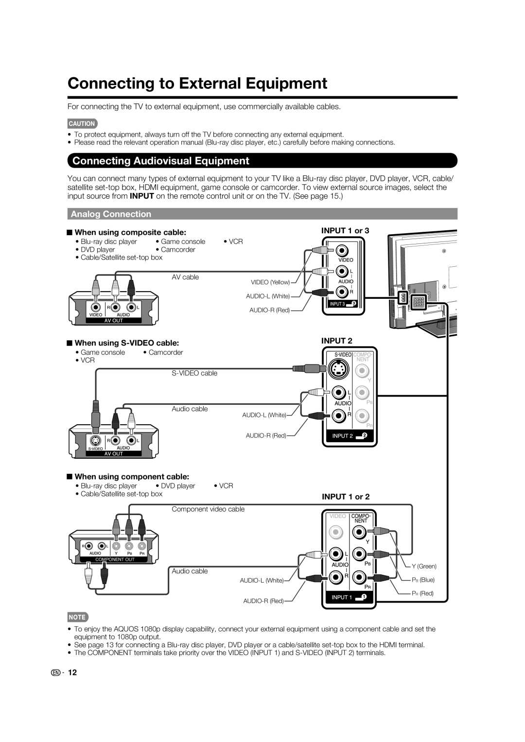 Sharp LC-32LE700UN Connecting to External Equipment, Connecting Audiovisual Equipment, Analog Connection, Input 