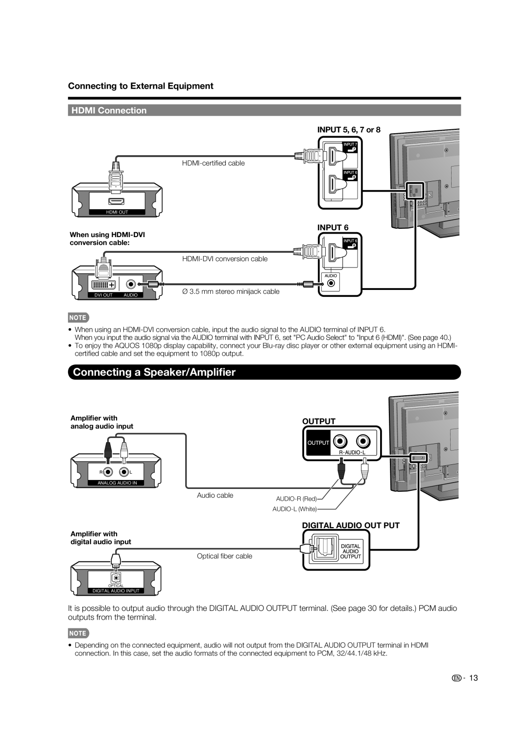 Sharp LC-32LE700UN Connecting a Speaker/Ampliﬁer, Hdmi Connection, Input 5, 6, 7 or, Output, Digital Audio OUT PUT 