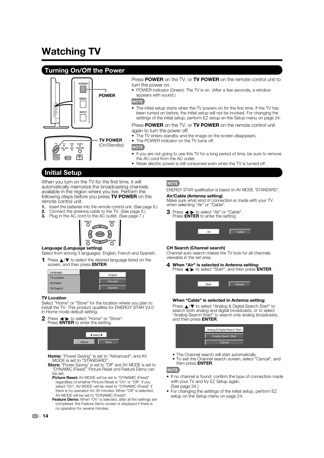 Sharp LC-32LE700UN operation manual Watching TV, Turning On/Off the Power, Initial Setup 