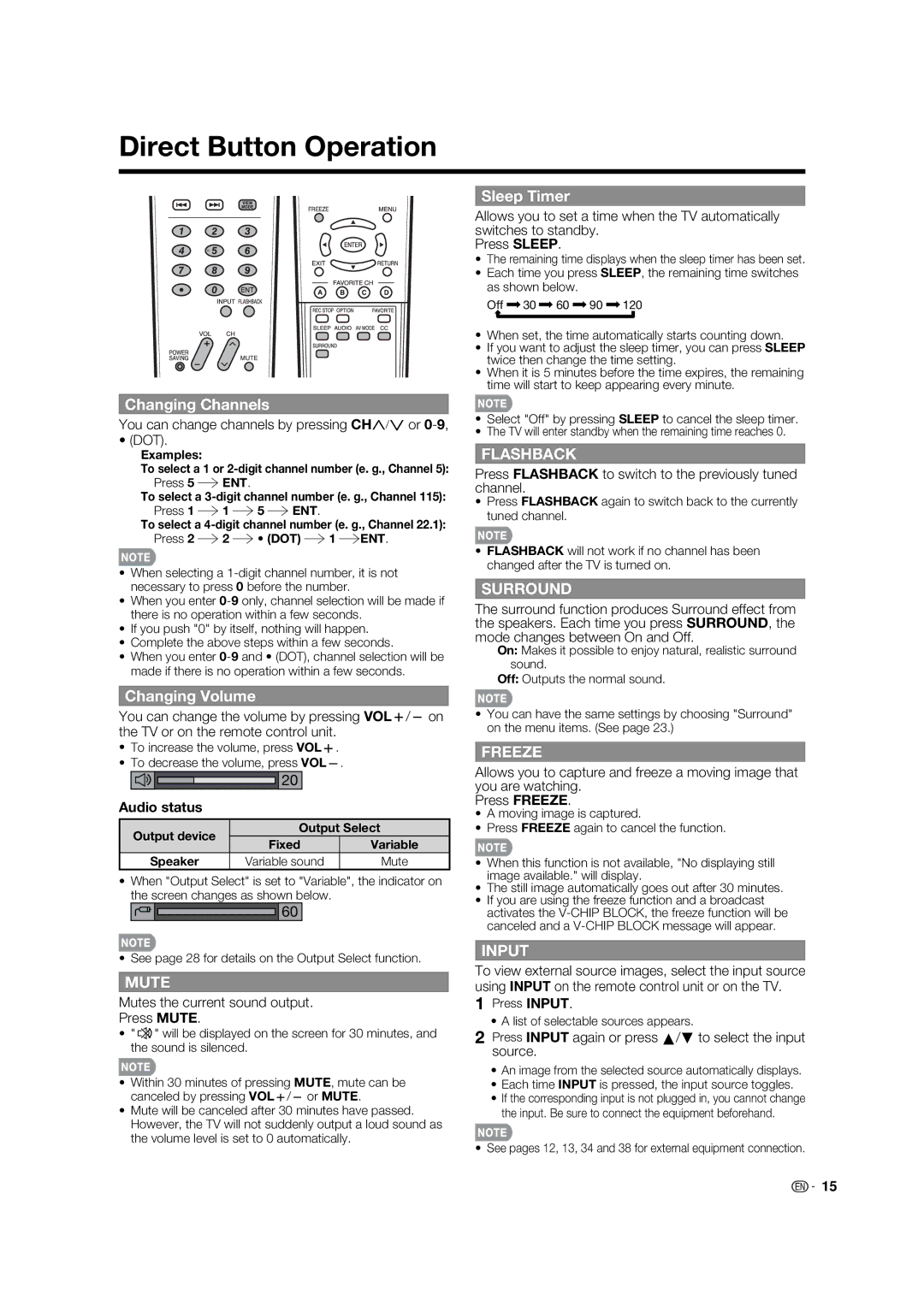 Sharp LC-32LE700UN operation manual Direct Button Operation, Changing Channels, Changing Volume, Sleep Timer, Audio status 