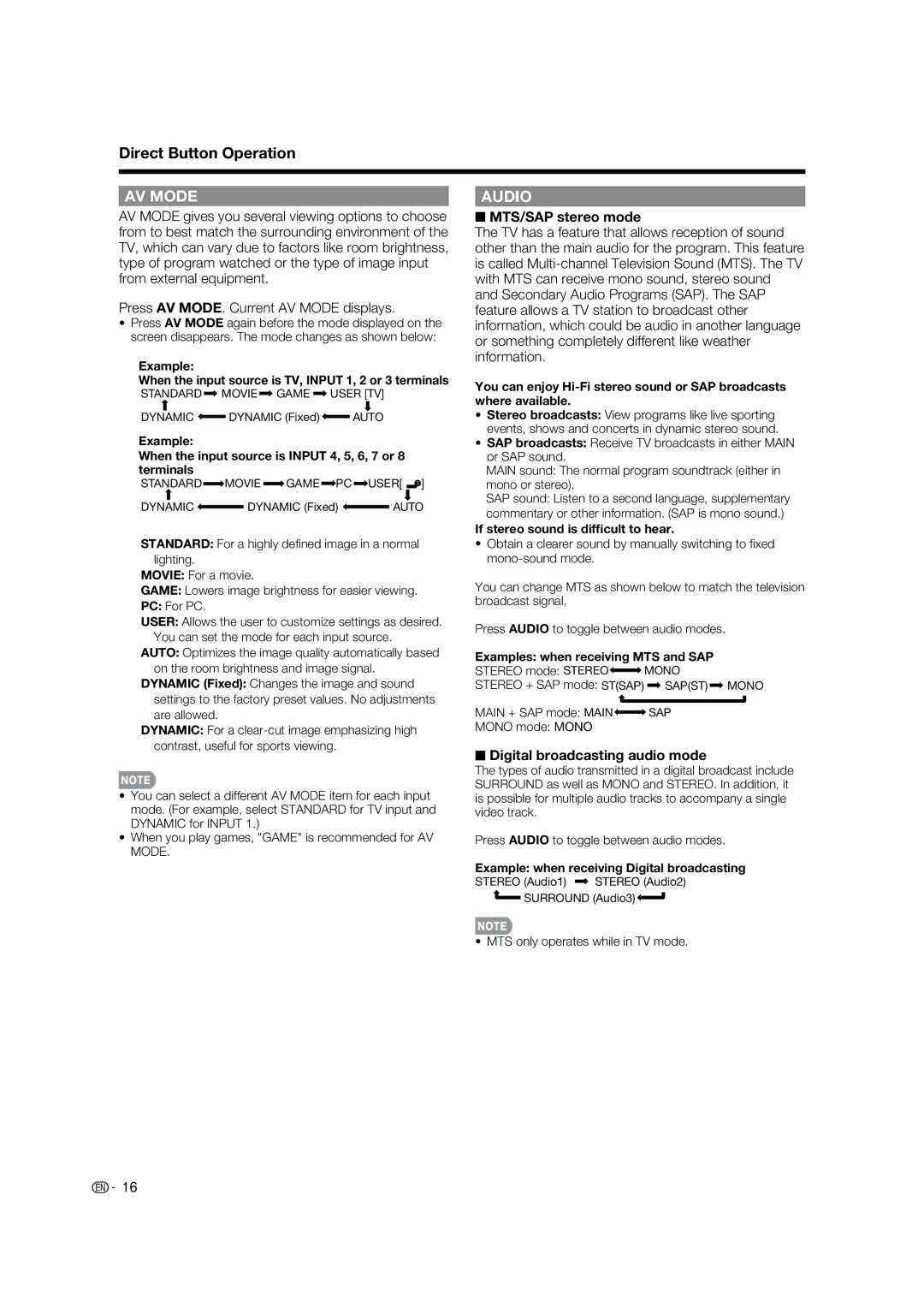 Sharp LC-32LE700UN operation manual MTS/SAP stereo mode, Digital broadcasting audio mode 