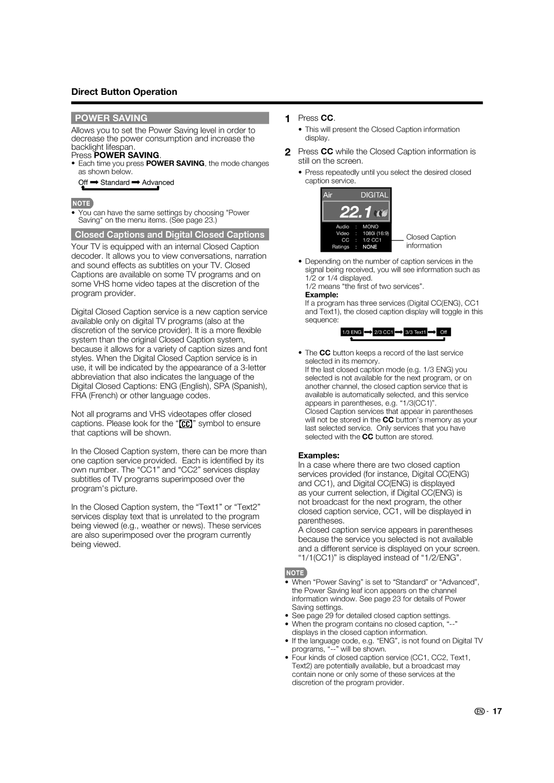 Sharp LC-32LE700UN operation manual Closed Captions and Digital Closed Captions, Press Power Saving, Examples 