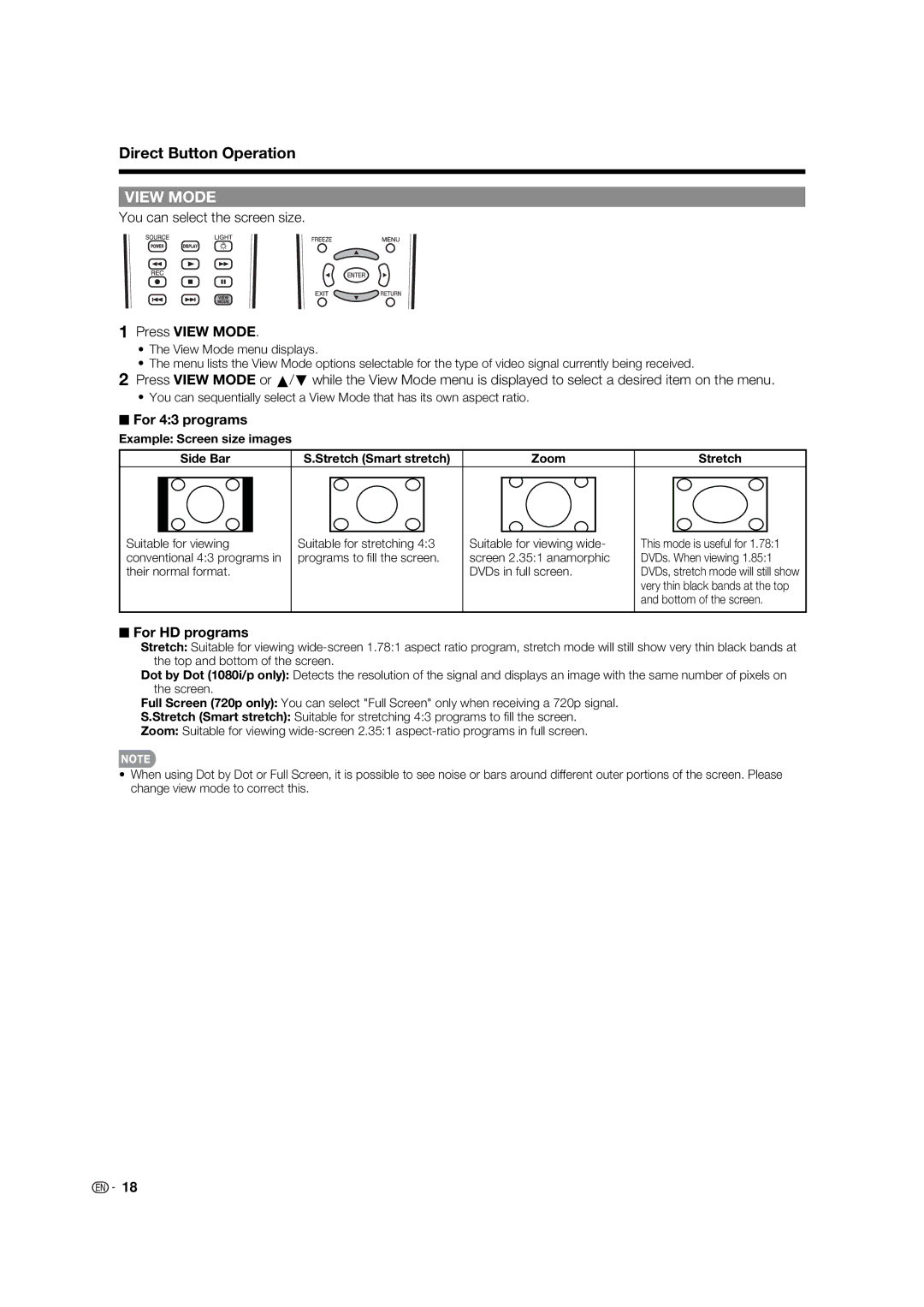 Sharp LC-32LE700UN operation manual You can select the screen size, Press View Mode, For 43 programs, For HD programs 