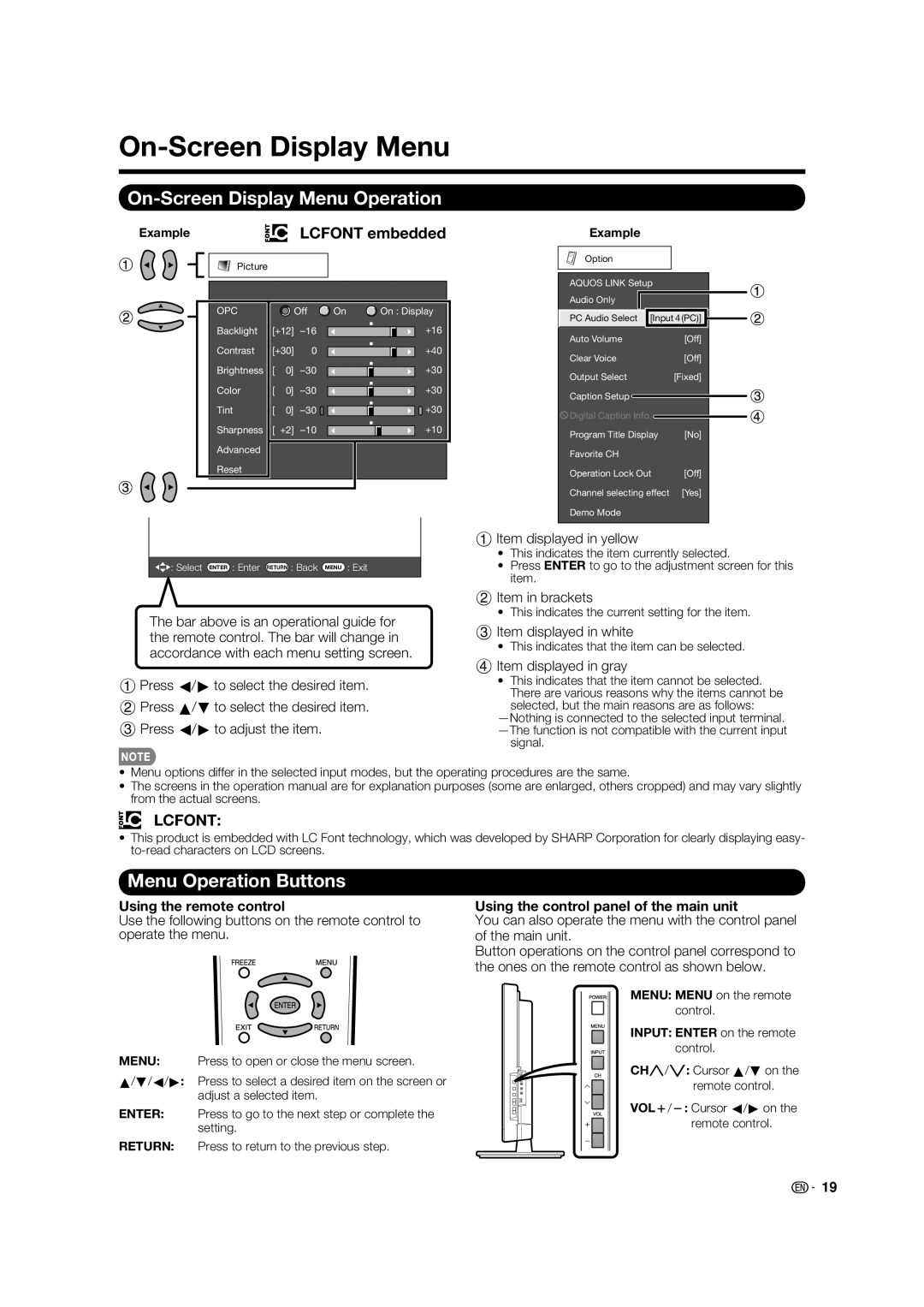 Sharp LC-32LE700UN operation manual On-Screen Display Menu Operation, Menu Operation Buttons, Using the remote control 