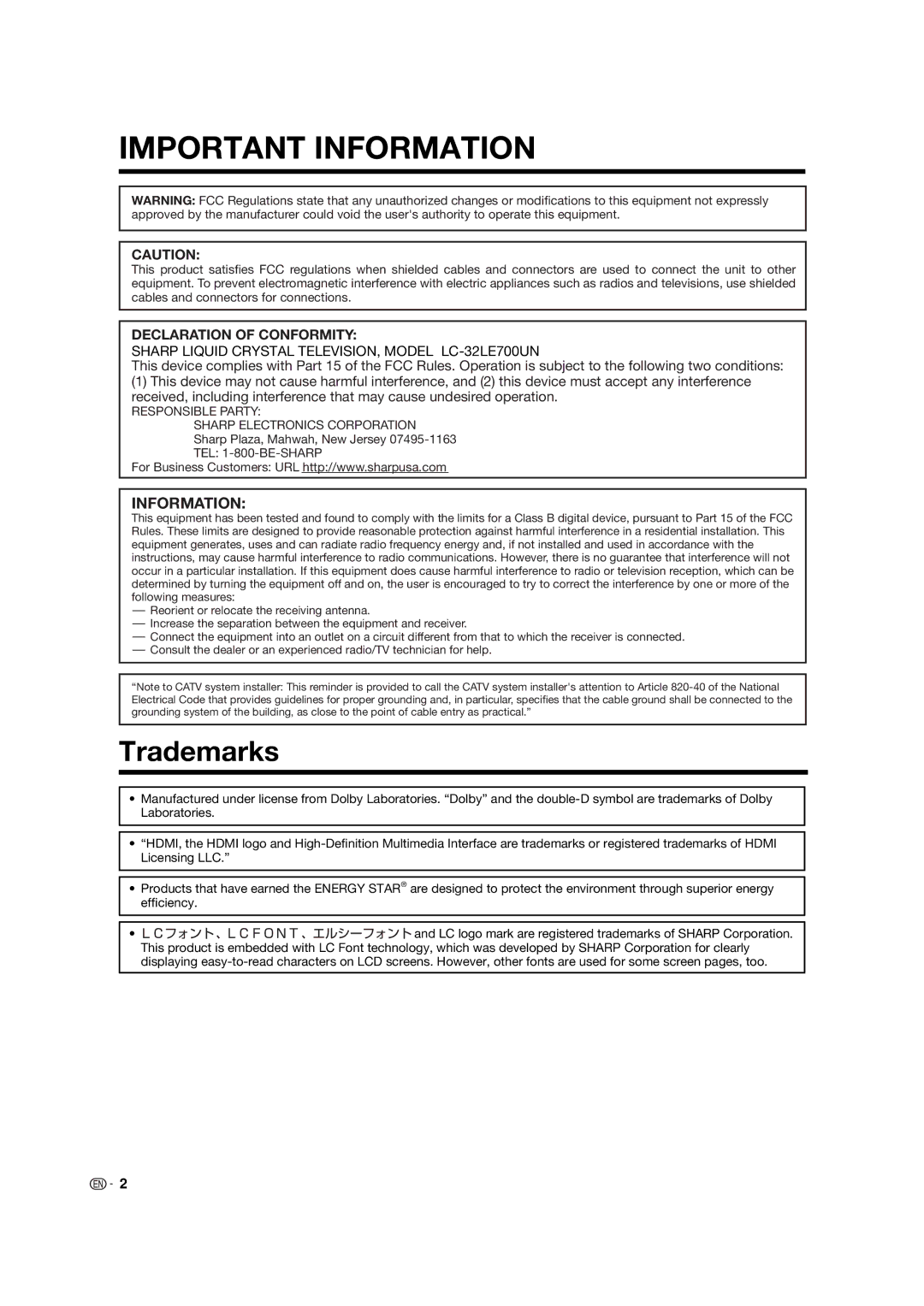 Sharp LC-32LE700UN operation manual Trademarks, Declaration of Conformity 