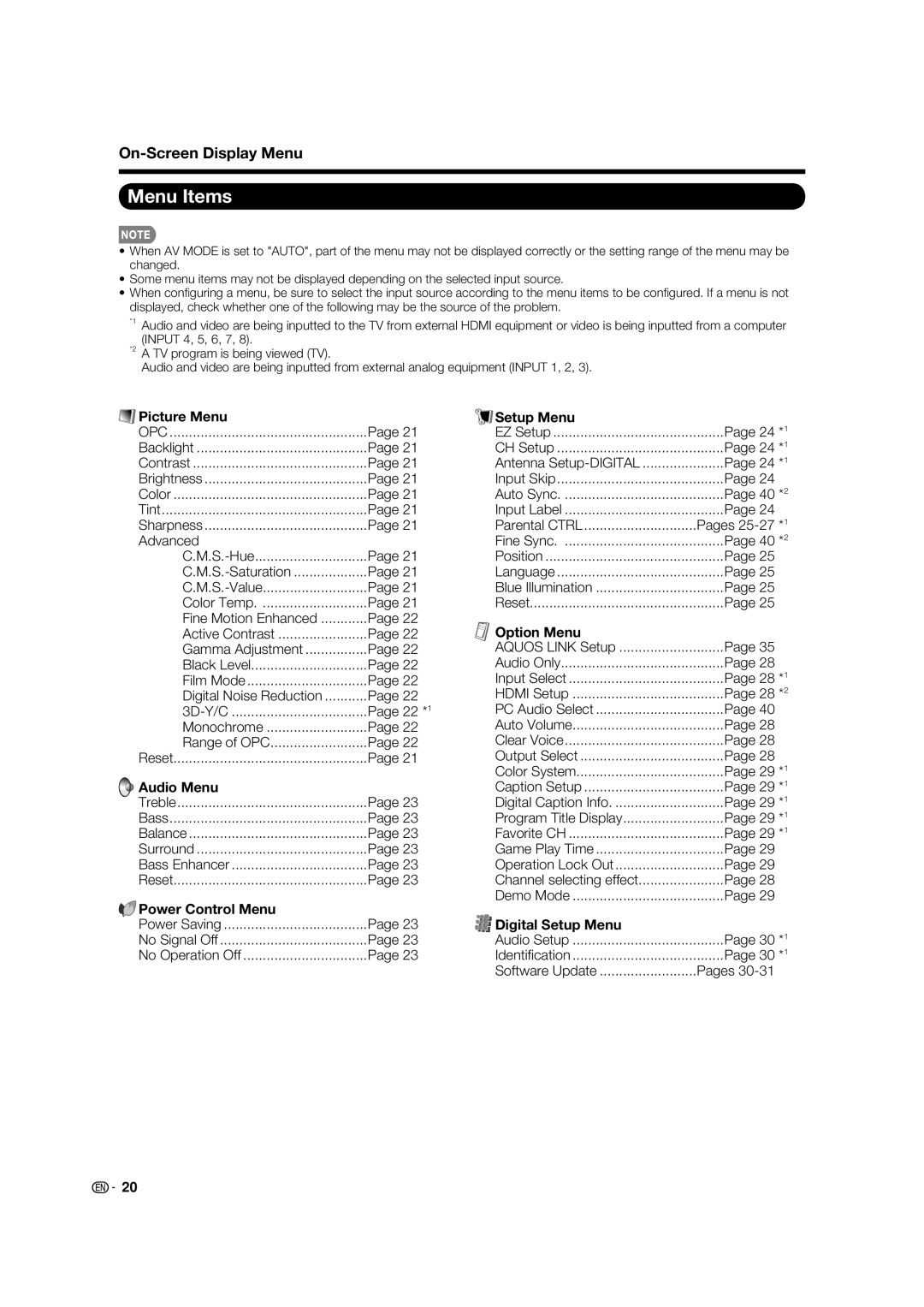 Sharp LC-32LE700UN operation manual Menu Items 