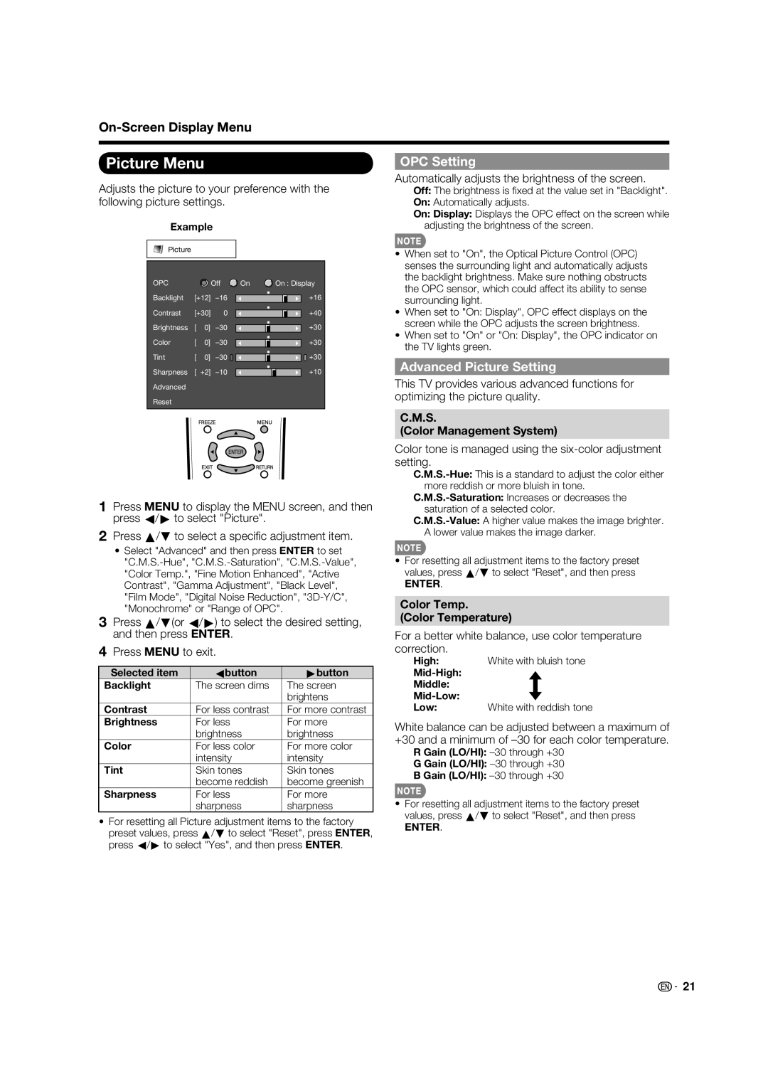 Sharp LC-32LE700UN operation manual Picture Menu, OPC Setting, Advanced Picture Setting, Color Management System 