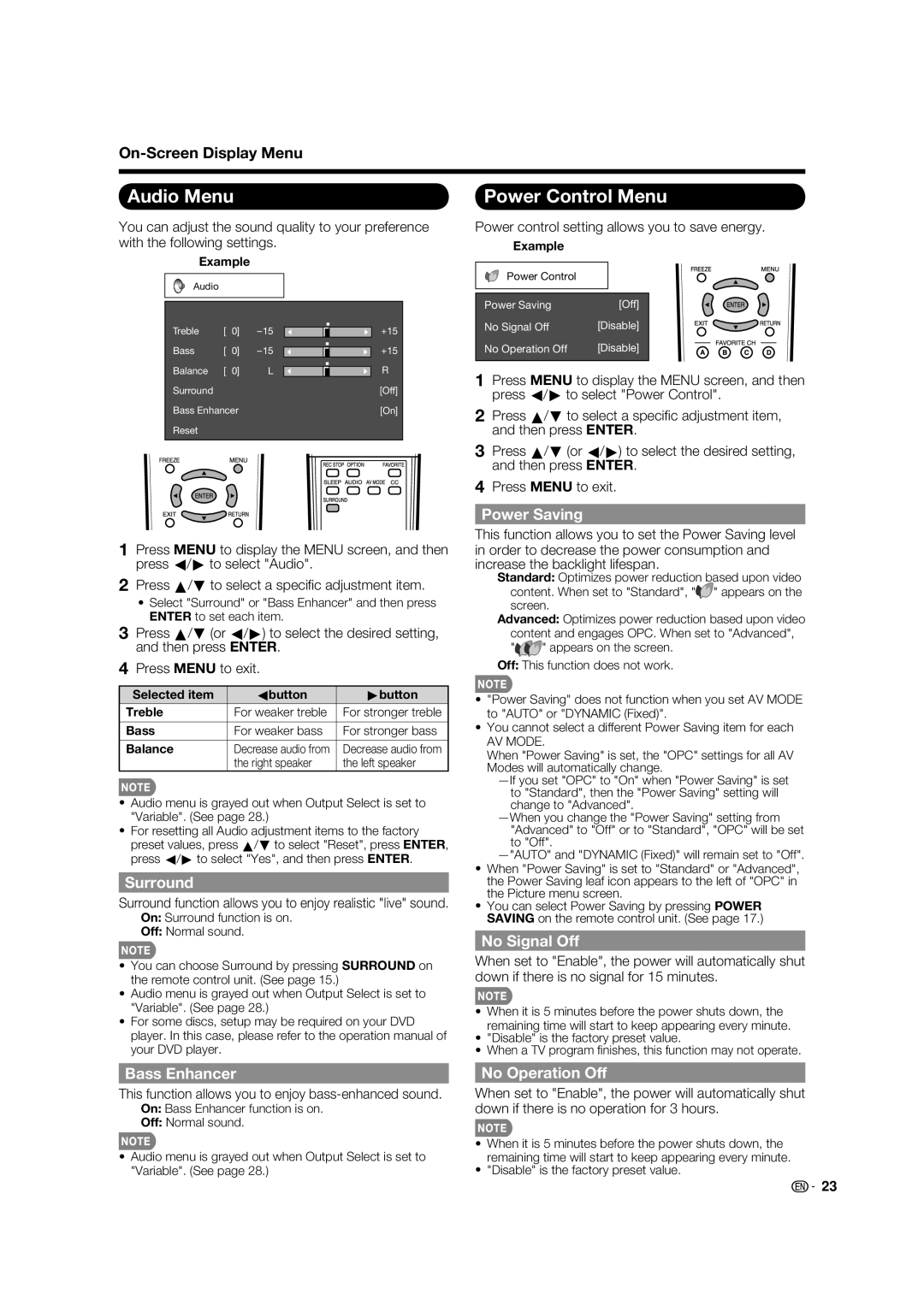 Sharp LC-32LE700UN operation manual Audio Menu, Power Control Menu 