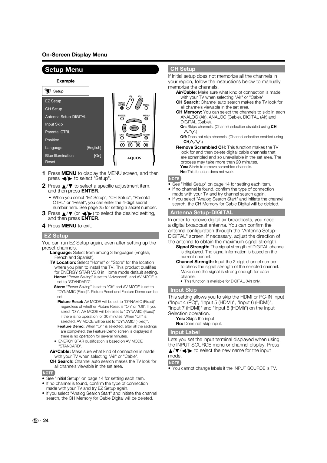 Sharp LC-32LE700UN operation manual Setup Menu 