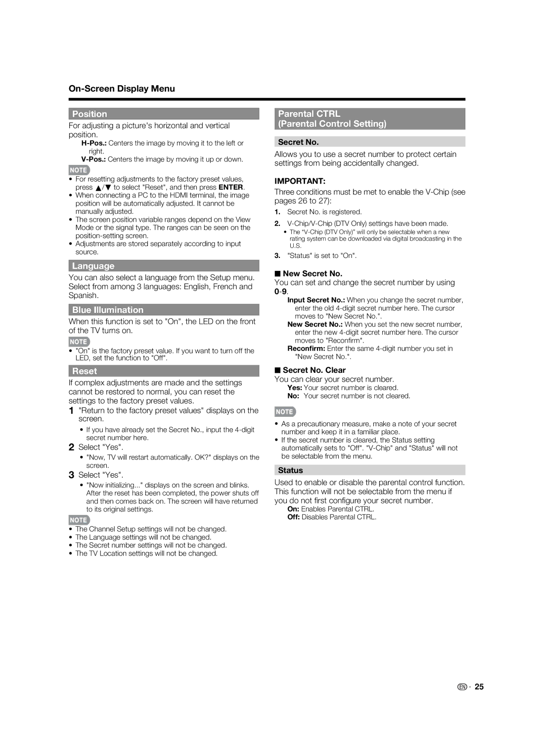 Sharp LC-32LE700UN operation manual Position, Parental Ctrl Parental Control Setting, Language, Blue Illumination, Reset 