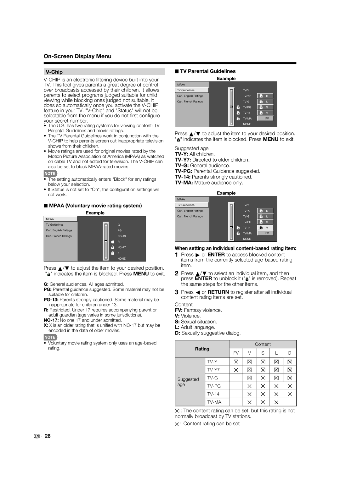 Sharp LC-32LE700UN operation manual Chip, Mpaa Voluntary movie rating system, TV Parental Guidelines, Rating 