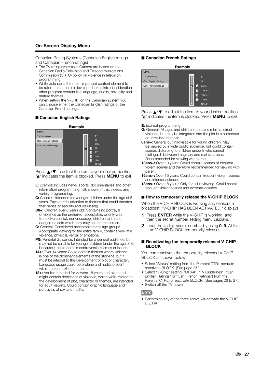 Sharp LC-32LE700UN Canadian English Ratings, Canadian French Ratings, How to temporarily release the V-CHIP Block 